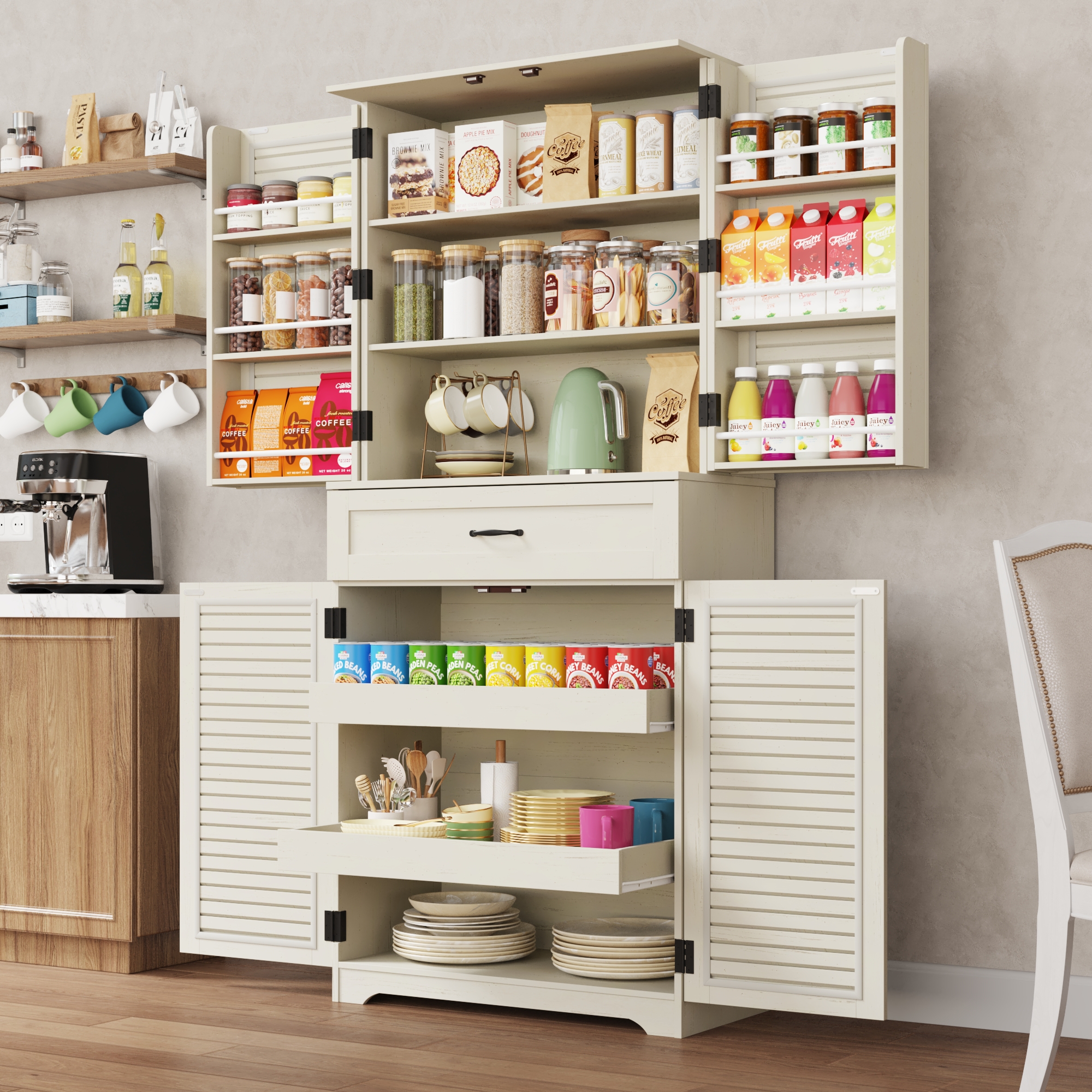 ChVans 71''Tall Kitchen Pantry Cabinet with Louver Doors, 3 Layers Storage Cabinet, 3 Drawers, 6 Hanging Shelves, Adjustable Shelves, Versatile Large Rustic Cabinet for Kitchen Dining Living Room