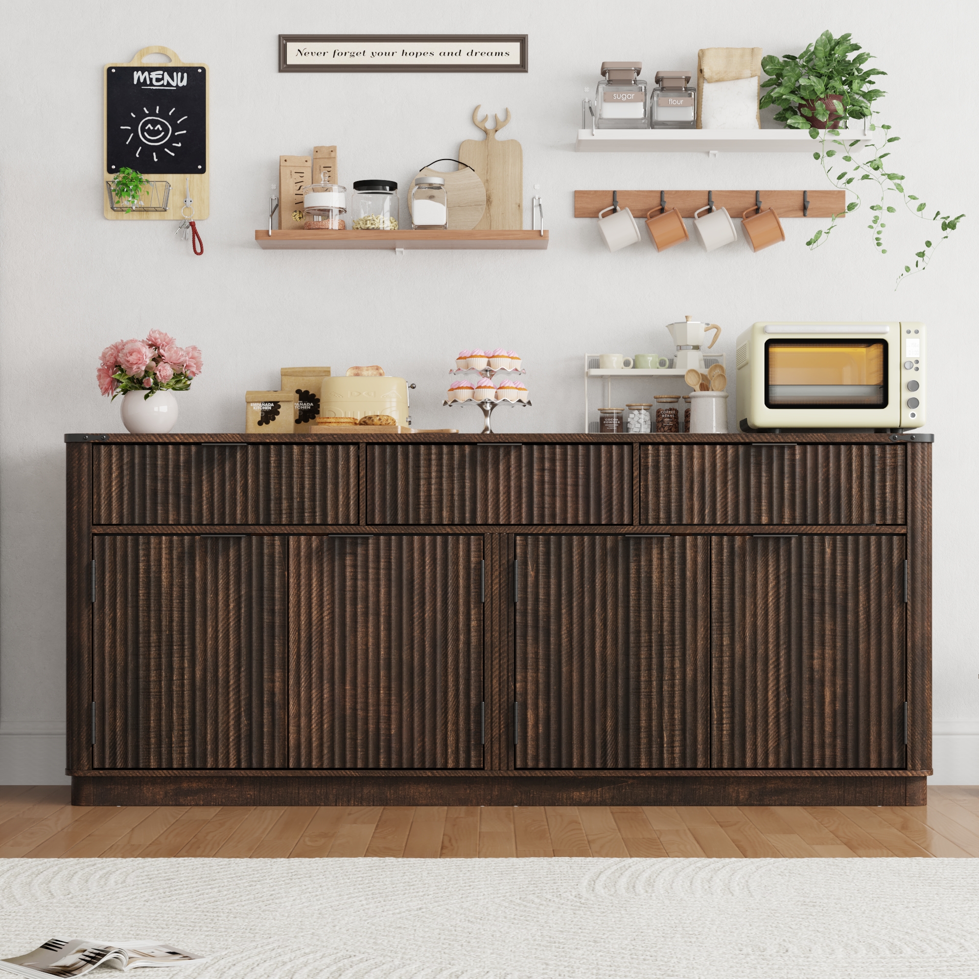ChVans Farmhouse Fluted Buffet Cabinet, 70” Large Sideboard Cabinet with 3 Drawer, 4 Doors and Shelves, Rustic Storage Cabinets, Coffee Bar for Dinning Room, Kitchen, Hallway, and Living Room