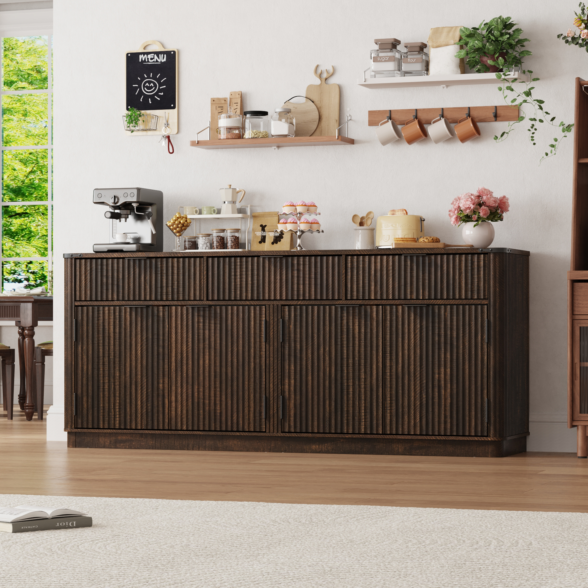 ChVans Farmhouse Fluted Buffet Cabinet, 70” Large Sideboard Cabinet with 3 Drawer, 4 Doors and Shelves, Rustic Storage Cabinets, Coffee Bar for Dinning Room, Kitchen, Hallway, and Living Room