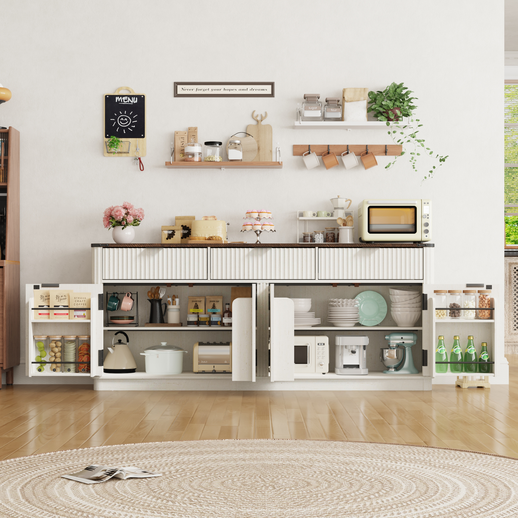 ChVans Farmhouse Fluted Buffet Cabinet, 70” Large Sideboard Cabinet with 3 Drawer, 4 Doors and Shelves, Rustic Storage Cabinets, Coffee Bar for Dinning Room, Kitchen, Hallway, and Living Room