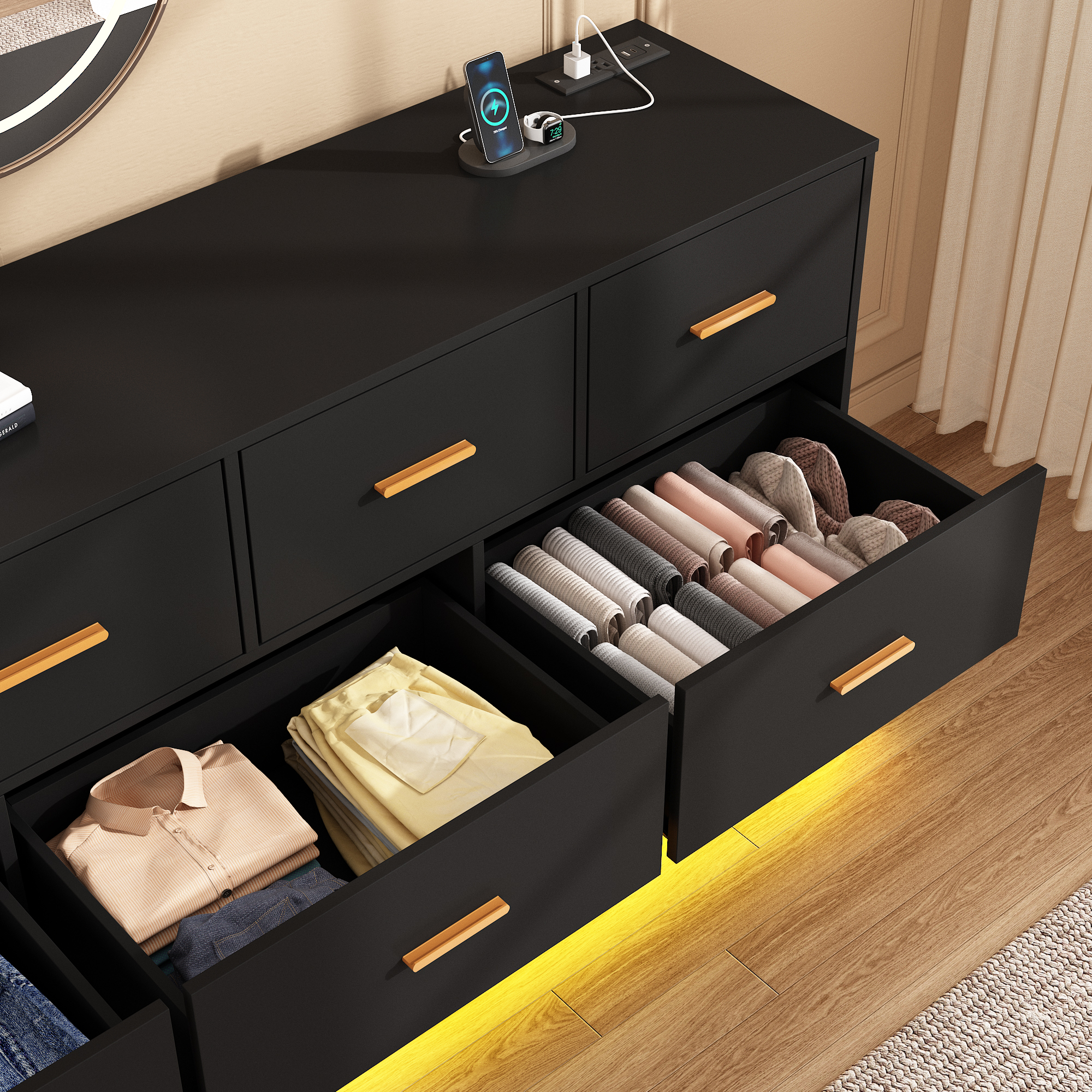 ChVans 10 Drawer Dresser with 60000-color LED Lights & Power Outlet, 63'' Long Modern Chest of Drawers for Closet, Wide Drawer Organizer Cabinet for Bedroom, Living Room, Entryway, Hallway