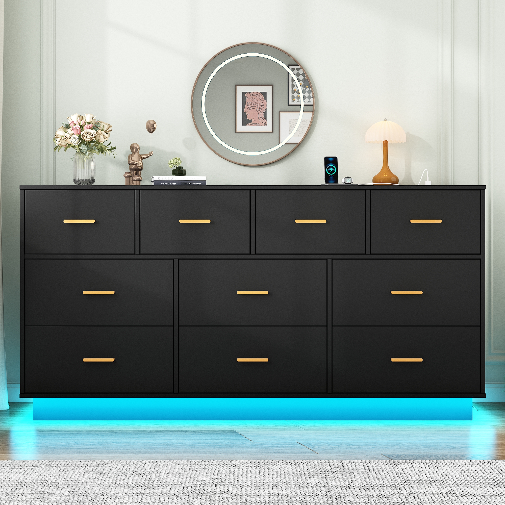 ChVans 10 Drawer Dresser with 60000-color LED Lights & Power Outlet, 63'' Long Modern Chest of Drawers for Closet, Wide Drawer Organizer Cabinet for Bedroom, Living Room, Entryway, Hallway