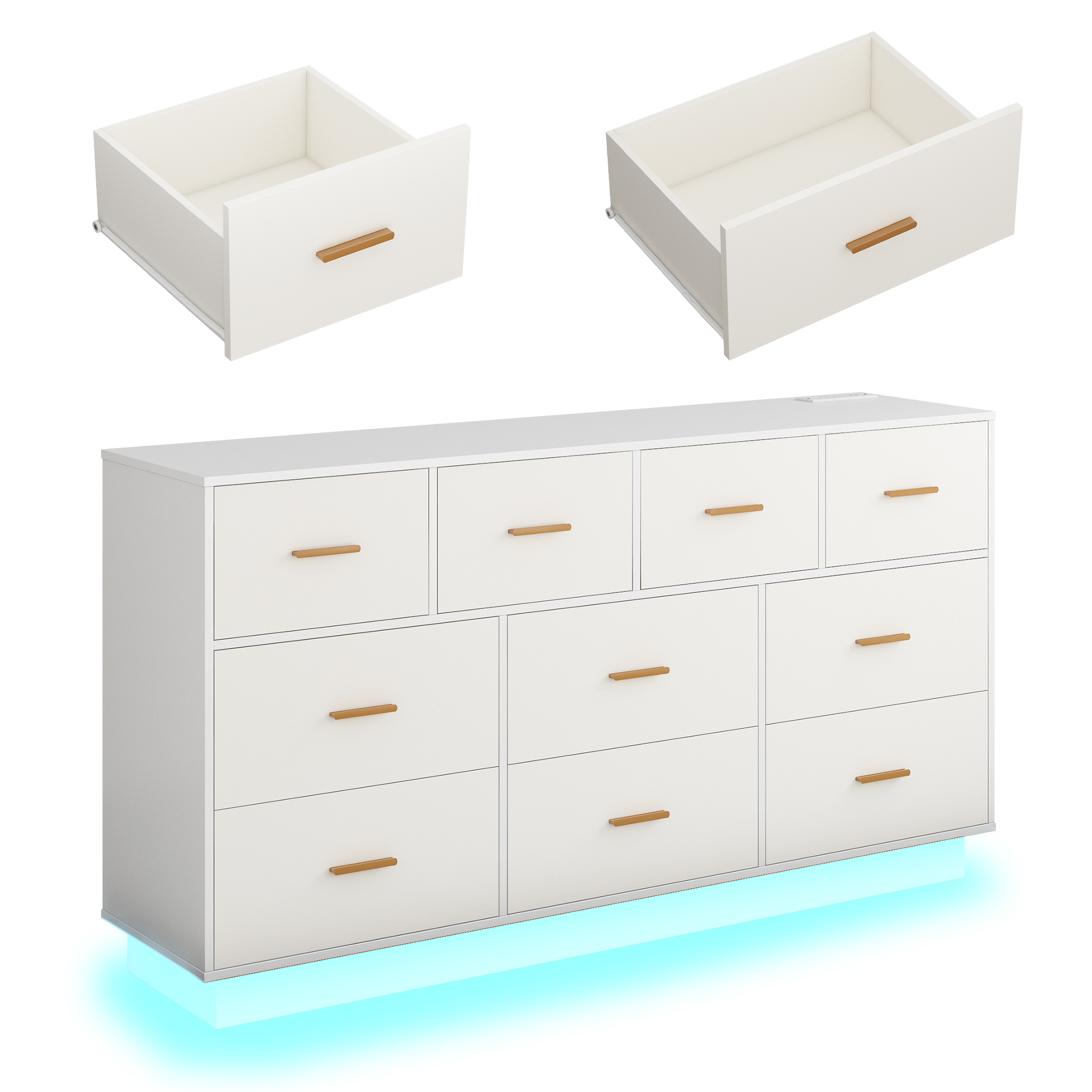 ChVans 10 Drawer Dresser with 60000-color LED Lights & Power Outlet, 63'' Long Modern Chest of Drawers for Closet, Wide Drawer Organizer Cabinet for Bedroom, Living Room, Entryway, Hallway