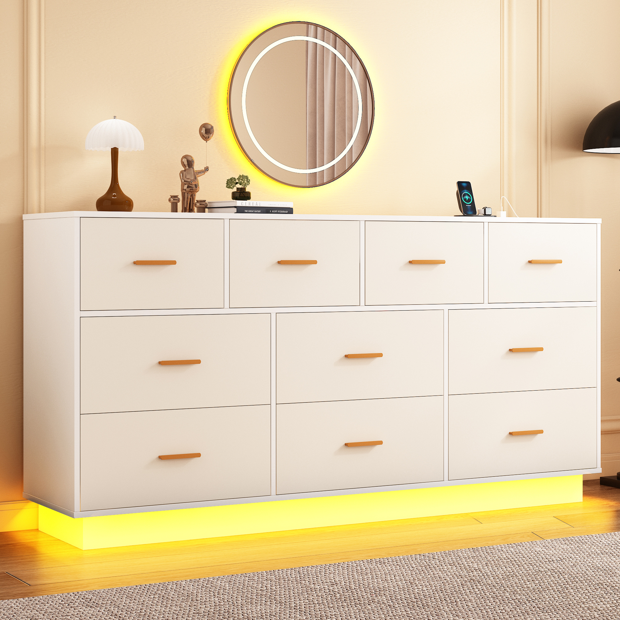 ChVans 10 Drawer Dresser with 60000-color LED Lights & Power Outlet, 63'' Long Modern Chest of Drawers for Closet, Wide Drawer Organizer Cabinet for Bedroom, Living Room, Entryway, Hallway