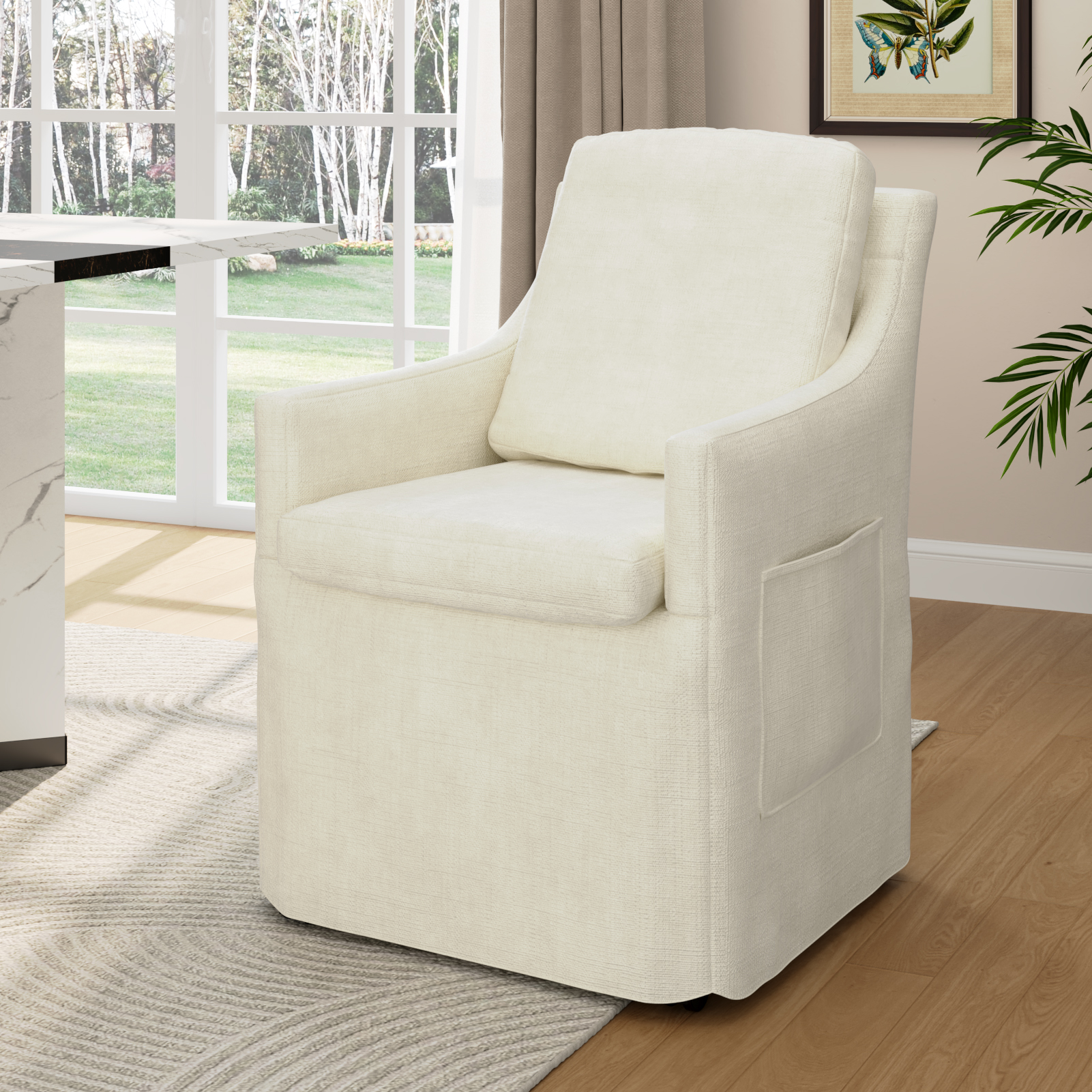 ChVans Upholstered Dining Chair with Casters and Storage, Chenille Armchair with Cushion & Backrest, Washable Cover, 2 Side Pockets, Modern Chair for Bedroom Reading Room Living Room