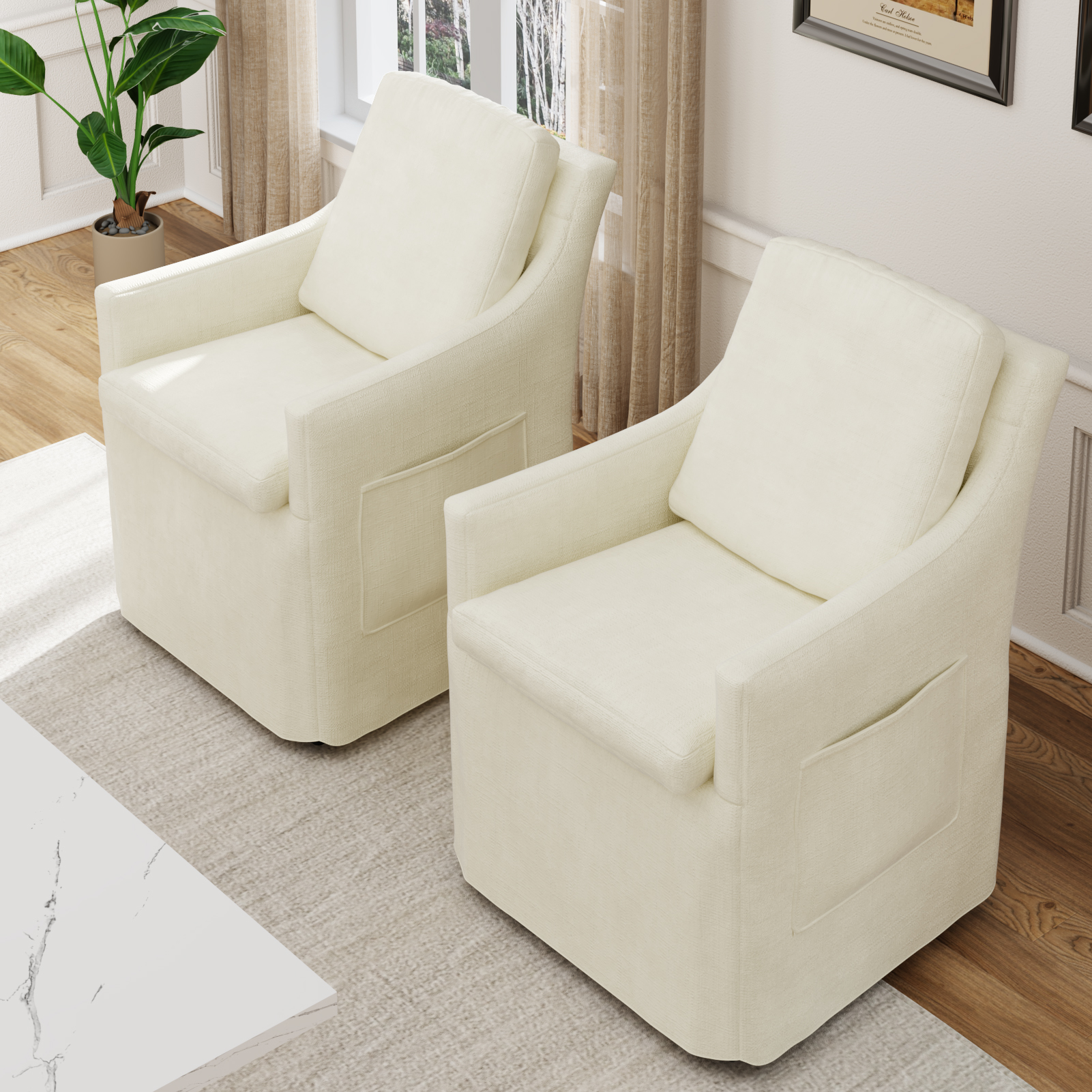 ChVans Upholstered Dining Chair with Casters and Storage, Chenille Armchair with Cushion & Backrest, Washable Cover, 2 Side Pockets, Modern Chair for Bedroom Reading Room Living Room