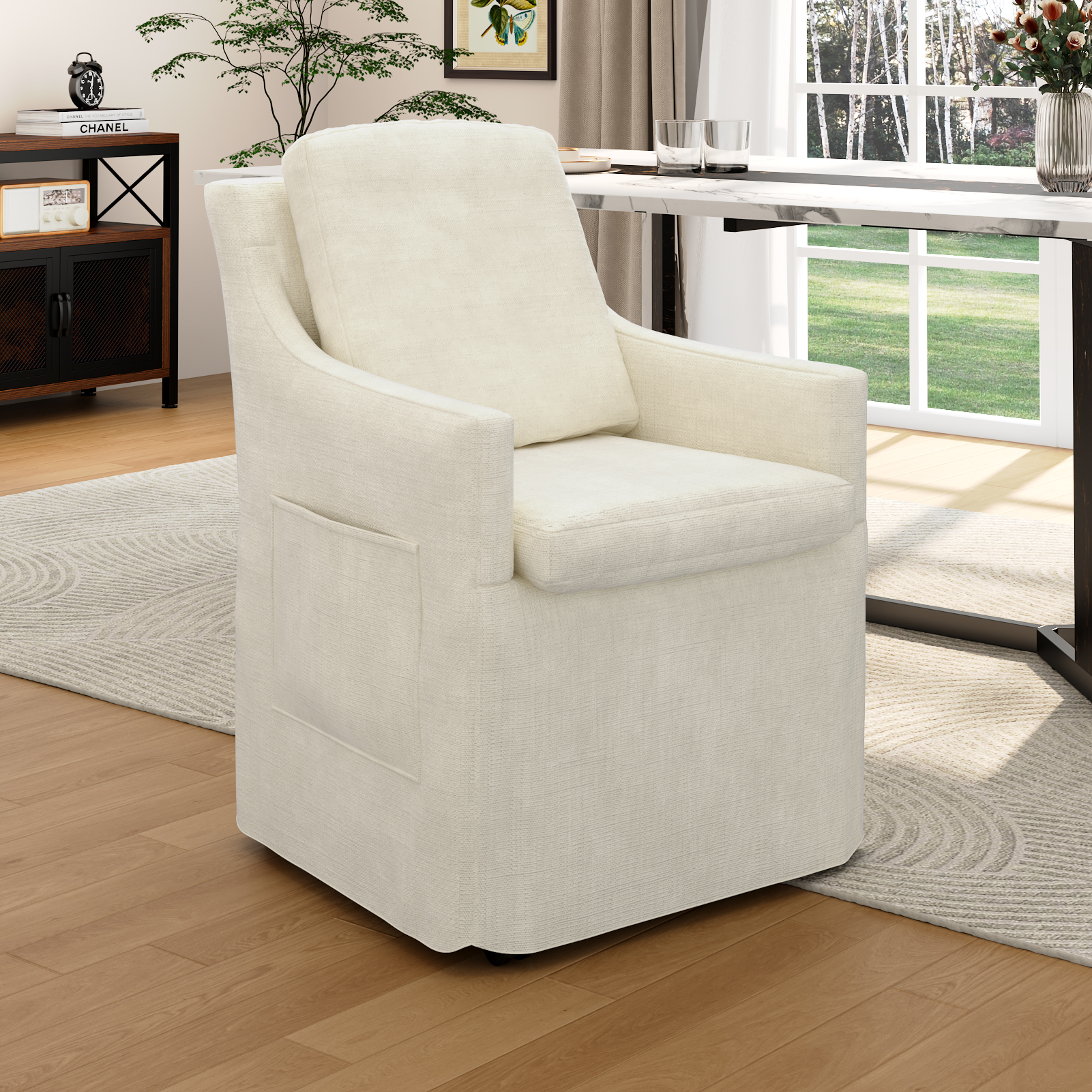 ChVans Upholstered Dining Chair with Casters and Storage, Chenille Armchair with Cushion & Backrest, Washable Cover, 2 Side Pockets, Modern Chair for Bedroom Reading Room Living Room