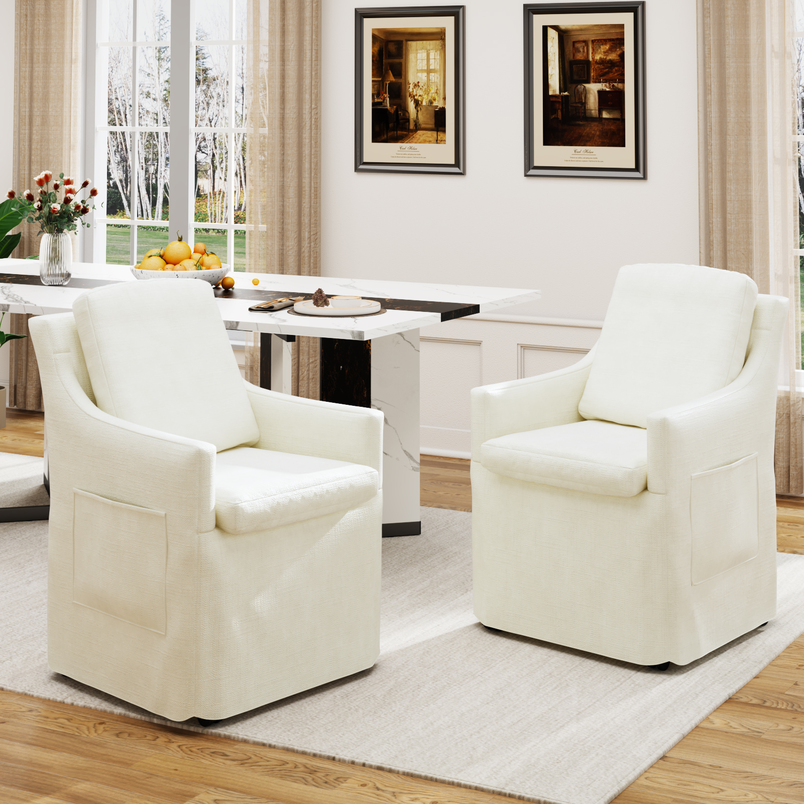 ChVans Upholstered Dining Chair with Casters and Storage, Chenille Armchair with Cushion & Backrest, Washable Cover, 2 Side Pockets, Modern Chair for Bedroom Reading Room Living Room