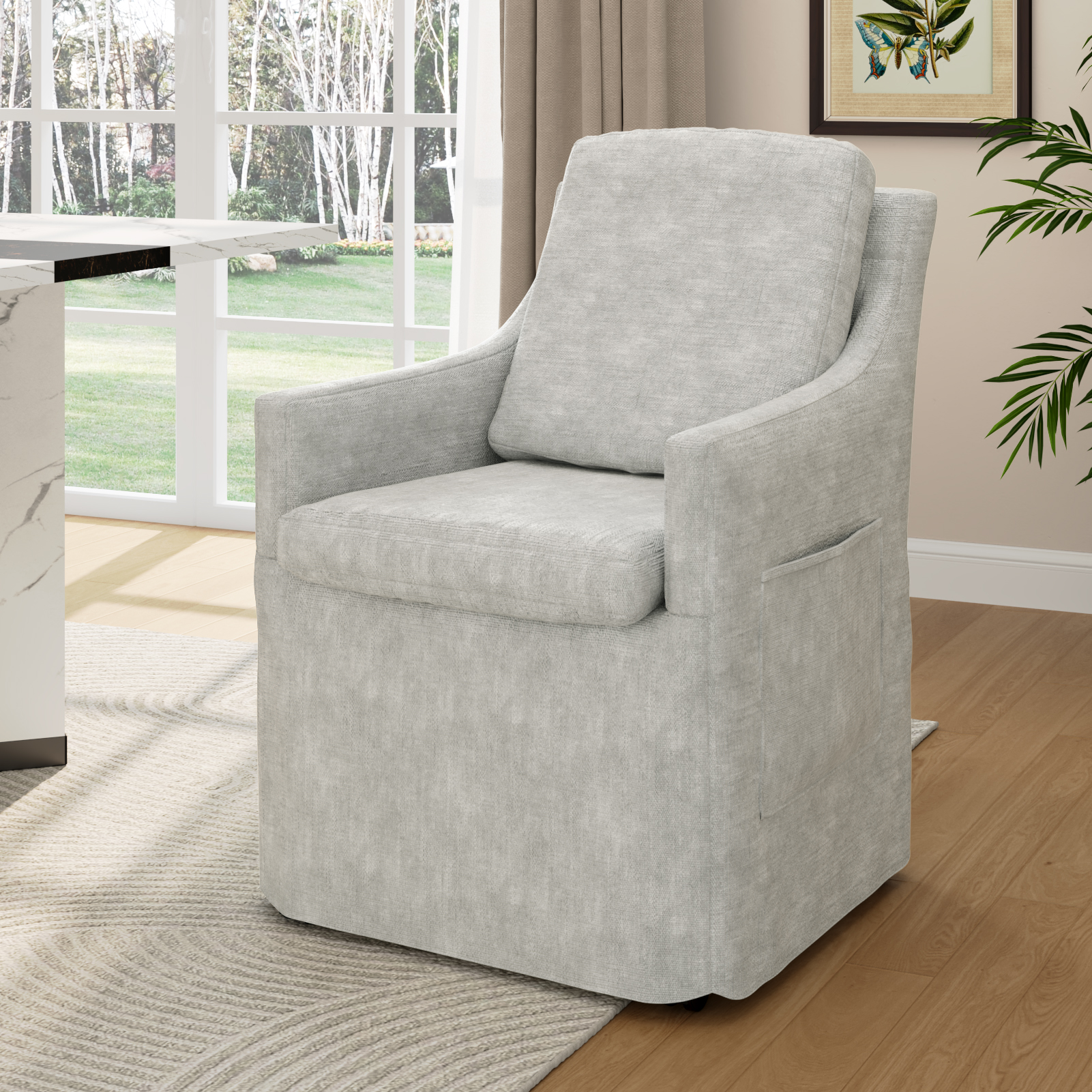 ChVans Upholstered Dining Chair with Casters and Storage, Chenille Armchair with Cushion & Backrest, Washable Cover, 2 Side Pockets, Modern Chair for Bedroom Reading Room Living Room