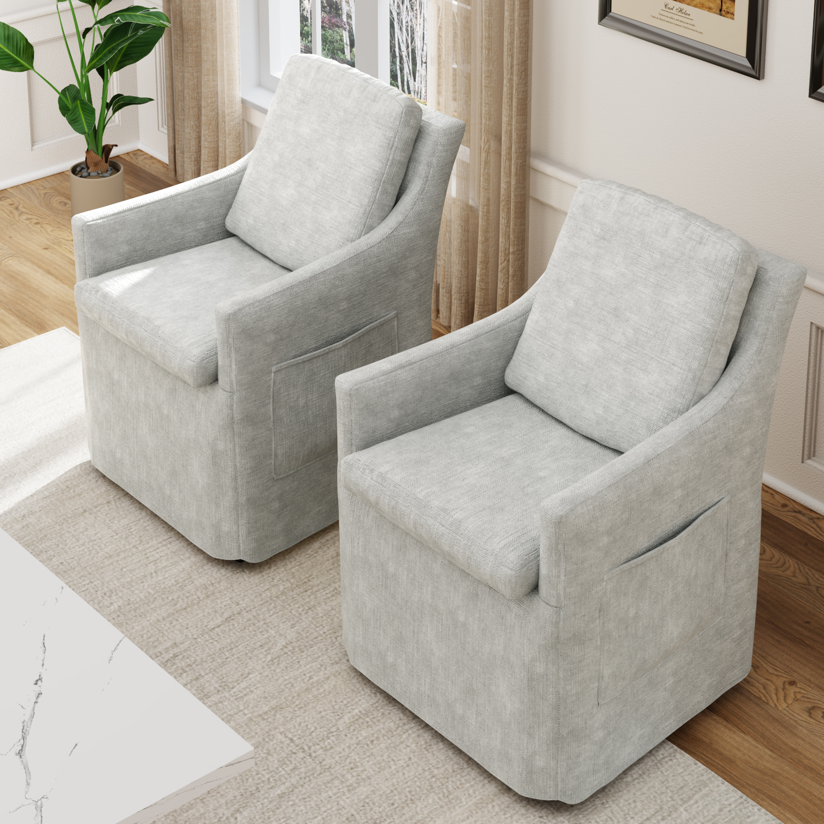 ChVans Upholstered Dining Chair with Casters and Storage, Chenille Armchair with Cushion & Backrest, Washable Cover, 2 Side Pockets, Modern Chair for Bedroom Reading Room Living Room