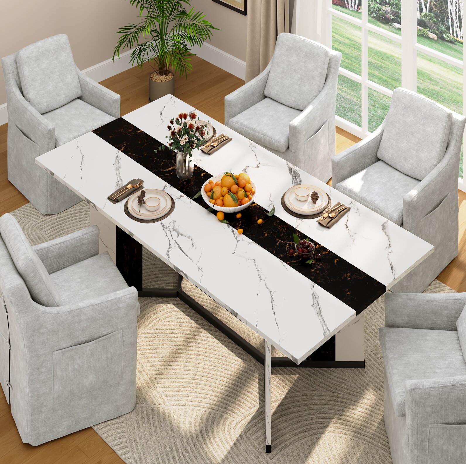 ChVans Upholstered Dining Chair with Casters and Storage, Chenille Armchair with Cushion & Backrest, Washable Cover, 2 Side Pockets, Modern Chair for Bedroom Reading Room Living Room