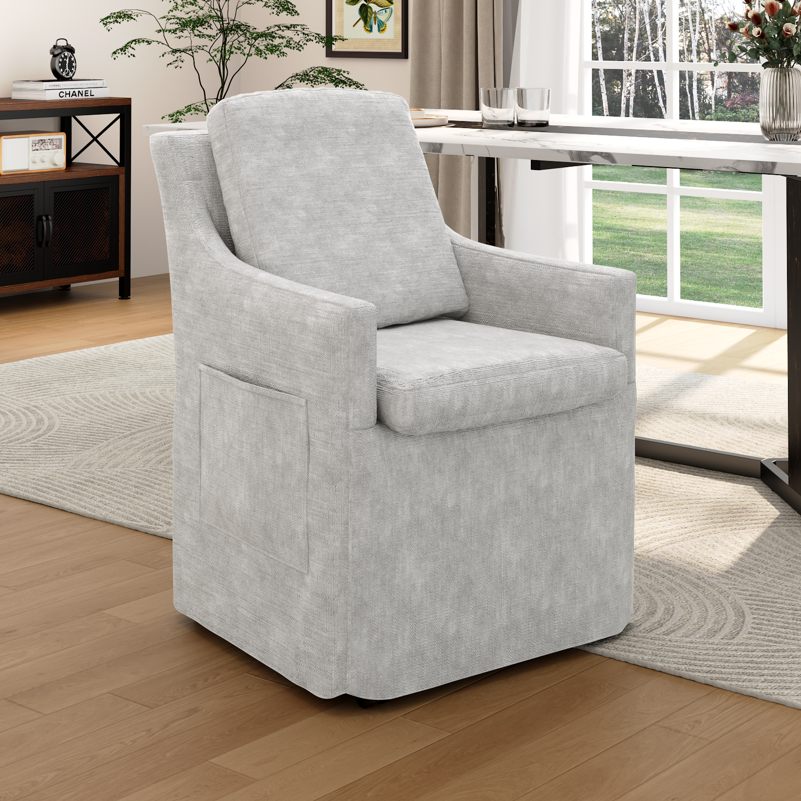 ChVans Upholstered Dining Chair with Casters and Storage, Chenille Armchair with Cushion & Backrest, Washable Cover, 2 Side Pockets, Modern Chair for Bedroom Reading Room Living Room