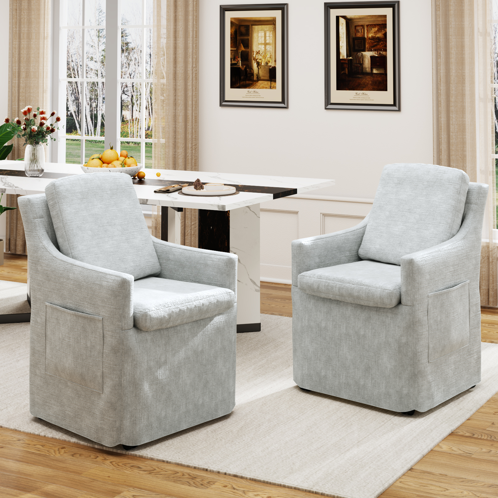 ChVans Upholstered Dining Chair with Casters and Storage, Chenille Armchair with Cushion & Backrest, Washable Cover, 2 Side Pockets, Modern Chair for Bedroom Reading Room Living Room