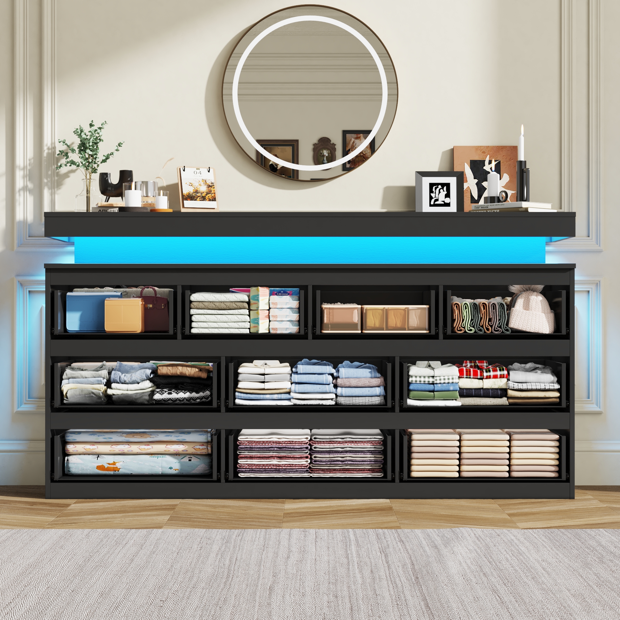 ChVans Black 9 Drawer Dresser with LED Lights, 63" Wide Modern Wood Chest of Drawers with Charging Station & Handle Free, LED Black Dresser for bedroom, Living Room, Entryway, Hallway