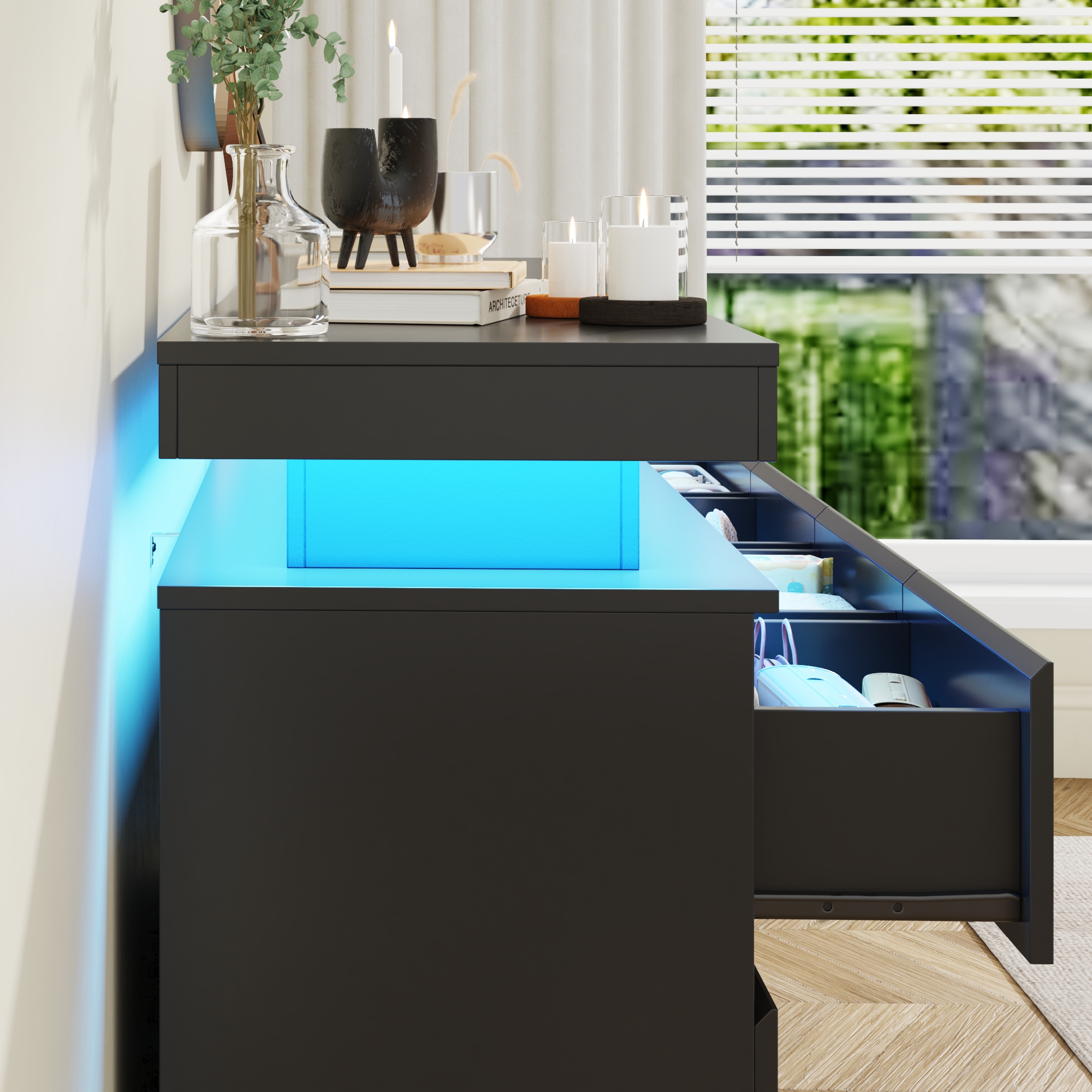 ChVans Black 9 Drawer Dresser with LED Lights, 63" Wide Modern Wood Chest of Drawers with Charging Station & Handle Free, LED Black Dresser for bedroom, Living Room, Entryway, Hallway