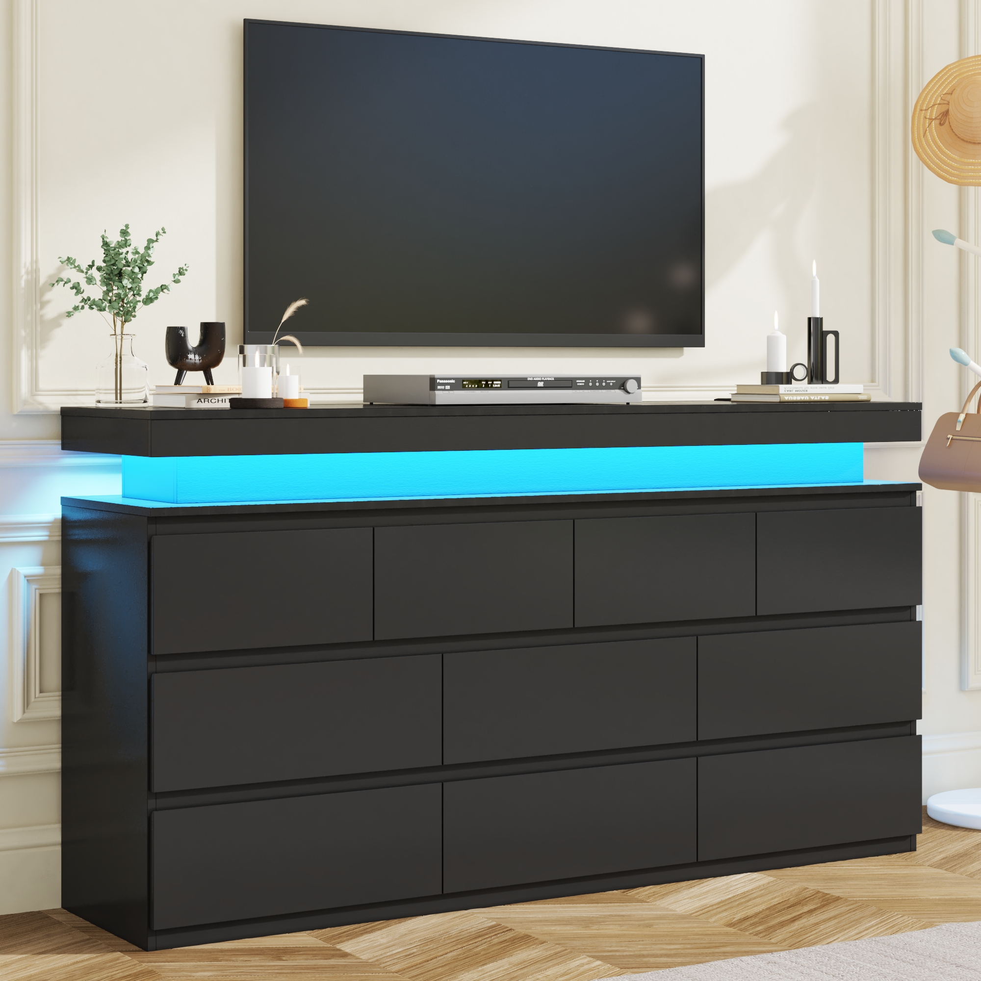 ChVans Black 9 Drawer Dresser with LED Lights, 63" Wide Modern Wood Chest of Drawers with Charging Station & Handle Free, LED Black Dresser for bedroom, Living Room, Entryway, Hallway