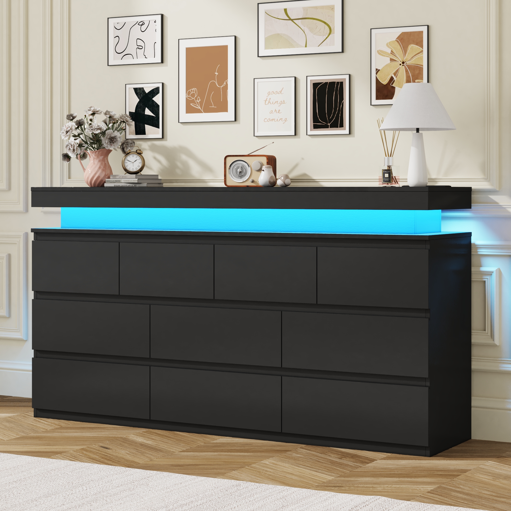 ChVans Black 9 Drawer Dresser with LED Lights, 63" Wide Modern Wood Chest of Drawers with Charging Station & Handle Free, LED Black Dresser for bedroom, Living Room, Entryway, Hallway