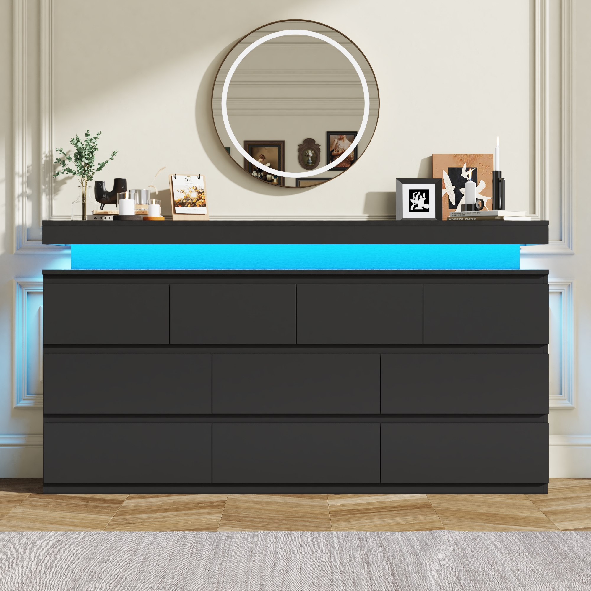 ChVans Black 9 Drawer Dresser with LED Lights, 63" Wide Modern Wood Chest of Drawers with Charging Station & Handle Free, LED Black Dresser for bedroom, Living Room, Entryway, Hallway