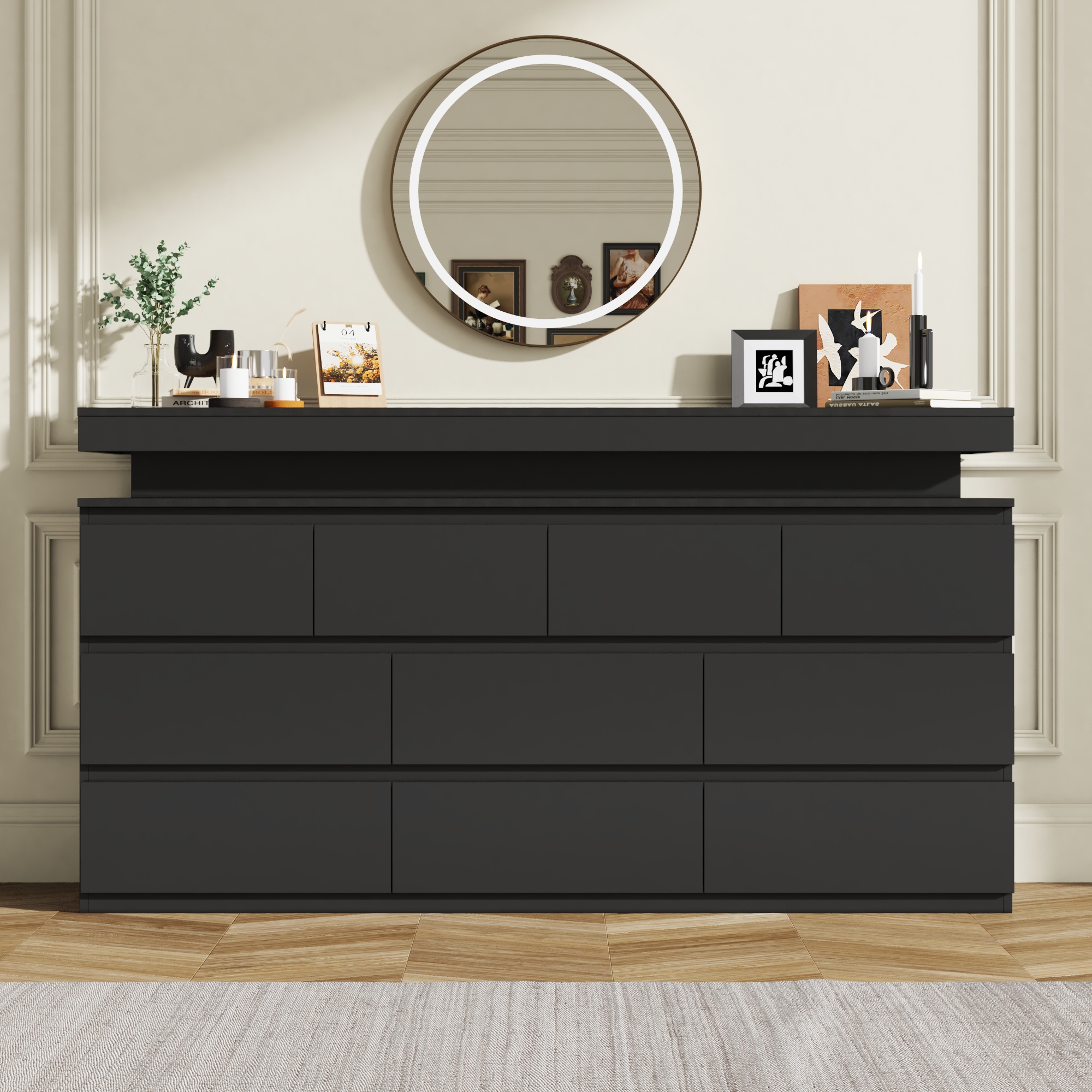 ChVans Black 9 Drawer Dresser with LED Lights, 63" Wide Modern Wood Chest of Drawers with Charging Station & Handle Free, LED Black Dresser for bedroom, Living Room, Entryway, Hallway