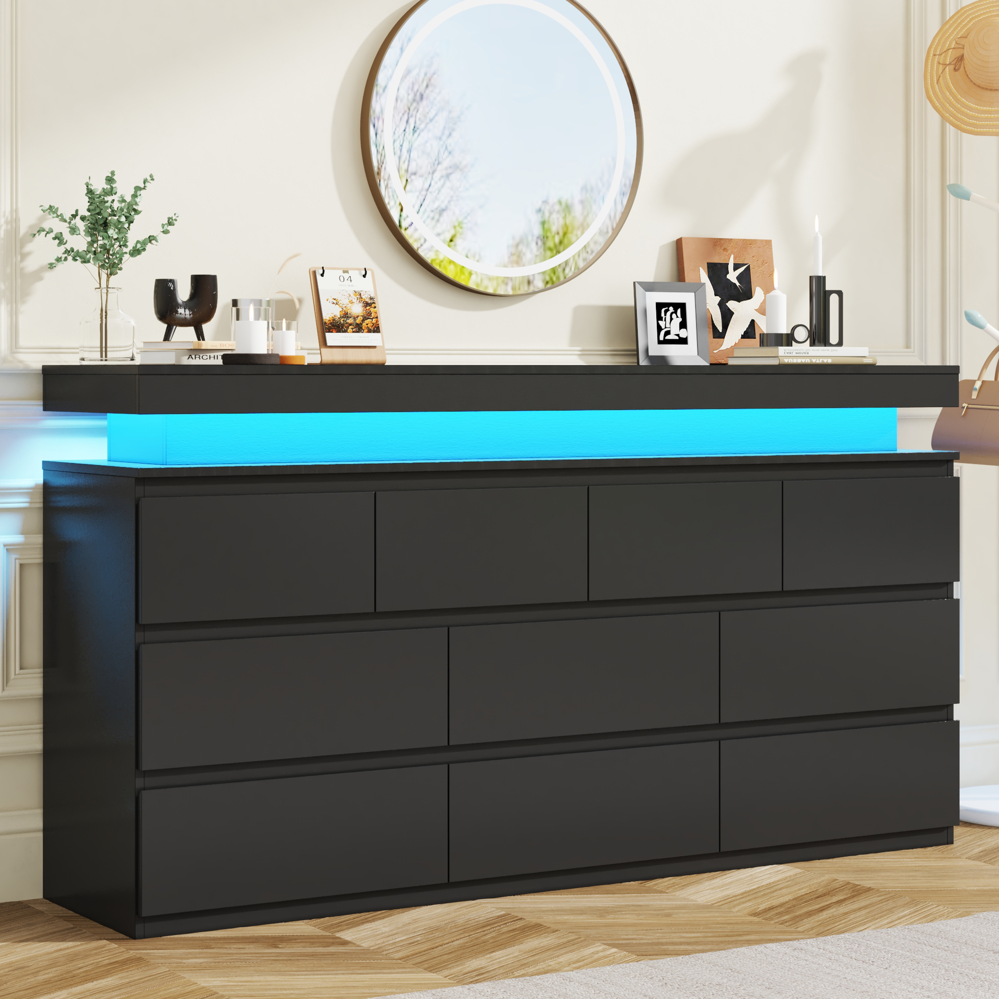 ChVans Black 9 Drawer Dresser with LED Lights, 63" Wide Modern Wood Chest of Drawers with Charging Station & Handle Free, LED Black Dresser for bedroom, Living Room, Entryway, Hallway