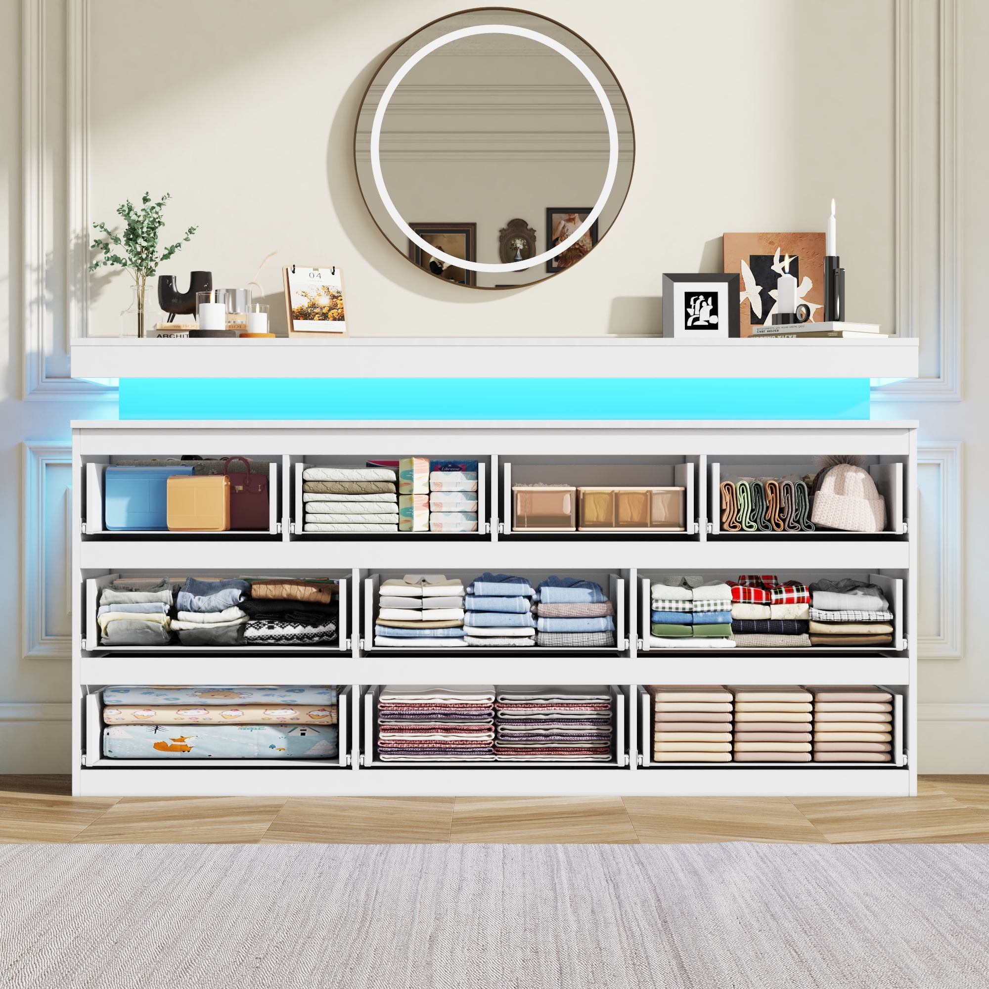 ChVans Black 9 Drawer Dresser with LED Lights, 63" Wide Modern Wood Chest of Drawers with Charging Station & Handle Free, LED Black Dresser for bedroom, Living Room, Entryway, Hallway