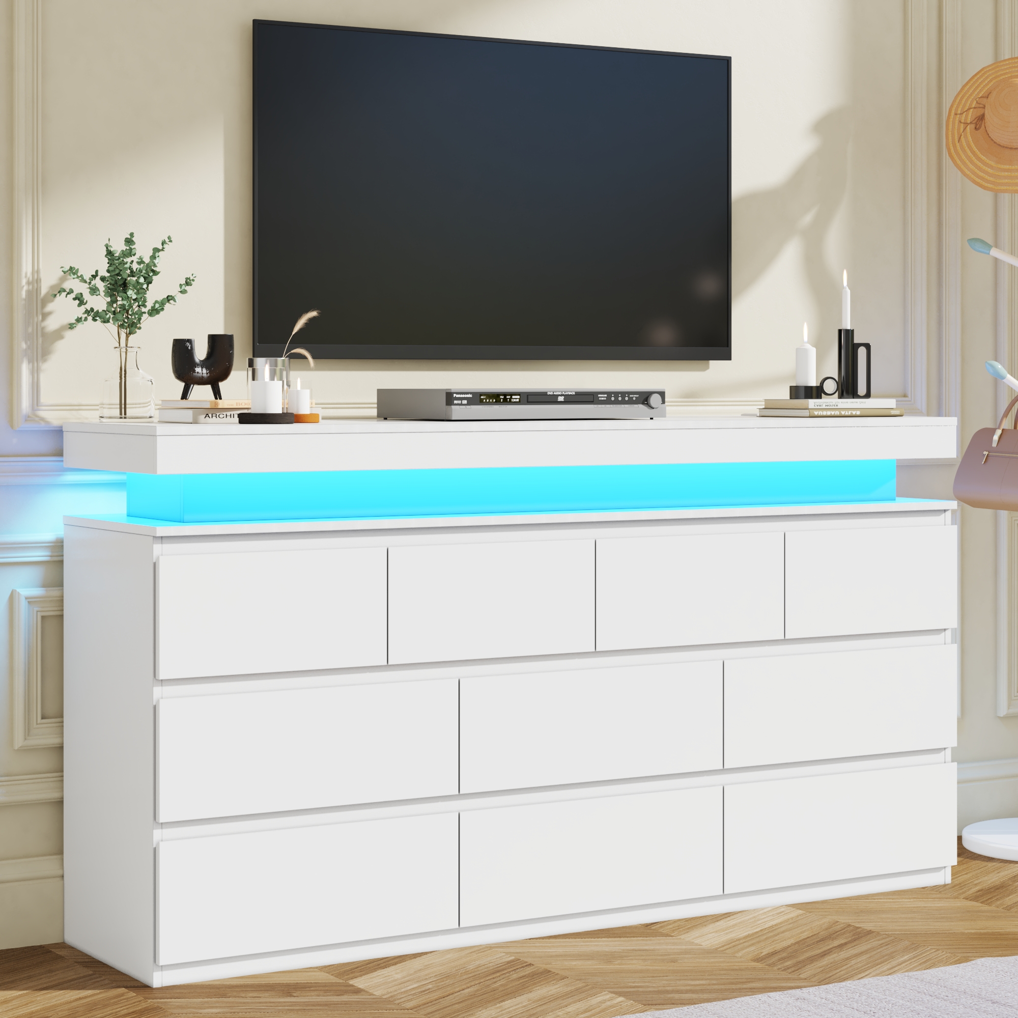 ChVans Black 9 Drawer Dresser with LED Lights, 63" Wide Modern Wood Chest of Drawers with Charging Station & Handle Free, LED Black Dresser for bedroom, Living Room, Entryway, Hallway