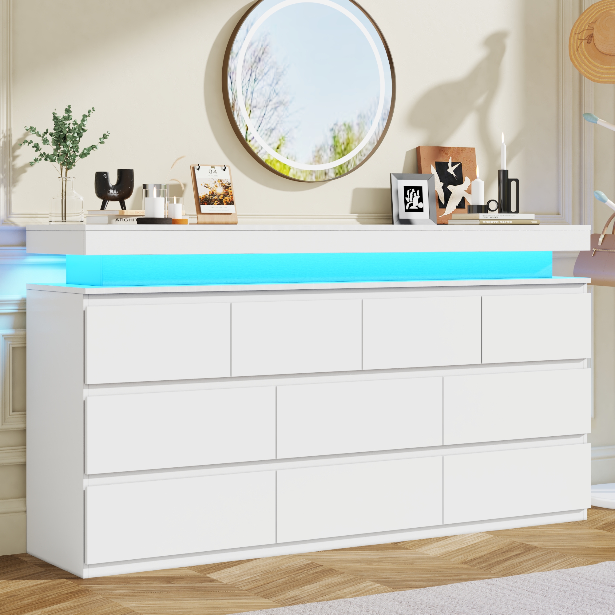 ChVans Black 9 Drawer Dresser with LED Lights, 63" Wide Modern Wood Chest of Drawers with Charging Station & Handle Free, LED Black Dresser for bedroom, Living Room, Entryway, Hallway