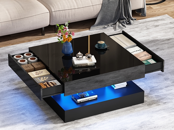 34" LED Square Coffee Table with 2 Drawers, 2-Tier Black High Glossy Coffee Table with Led lights & Storage Drawer, Modern Living Room Tables