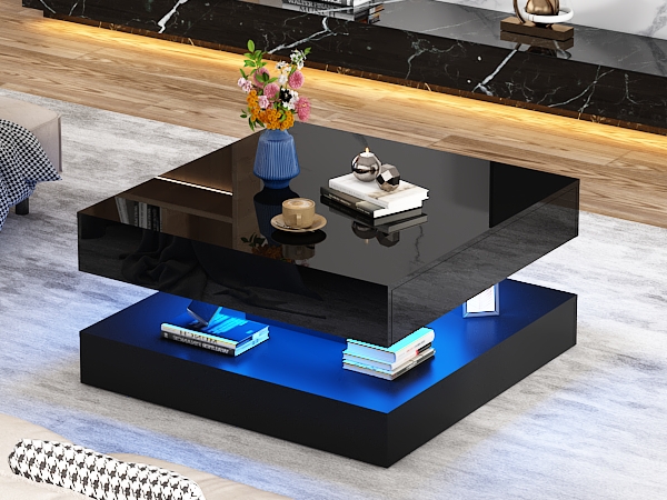 34" LED Square Coffee Table with 2 Drawers, 2-Tier Black High Glossy Coffee Table with Led lights & Storage Drawer, Modern Living Room Tables