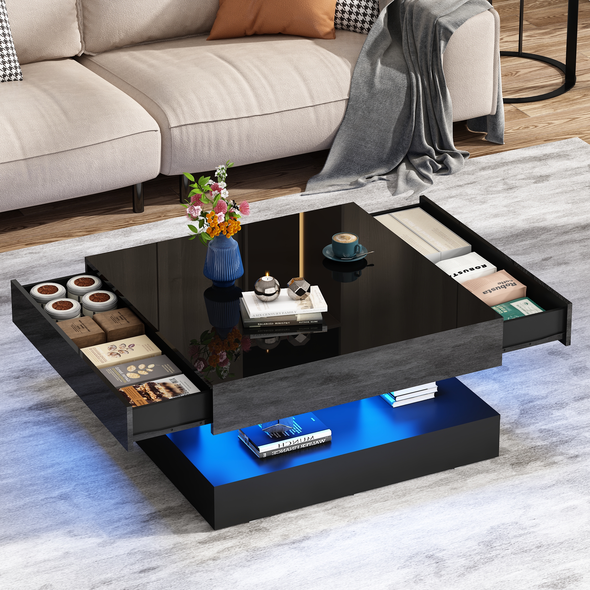 ChVans 34" LED Square Coffee Table with 2 Drawers, 2-Tier Black High Glossy Coffee Table with Led lights & Storage Drawer, Modern Living Room Tables