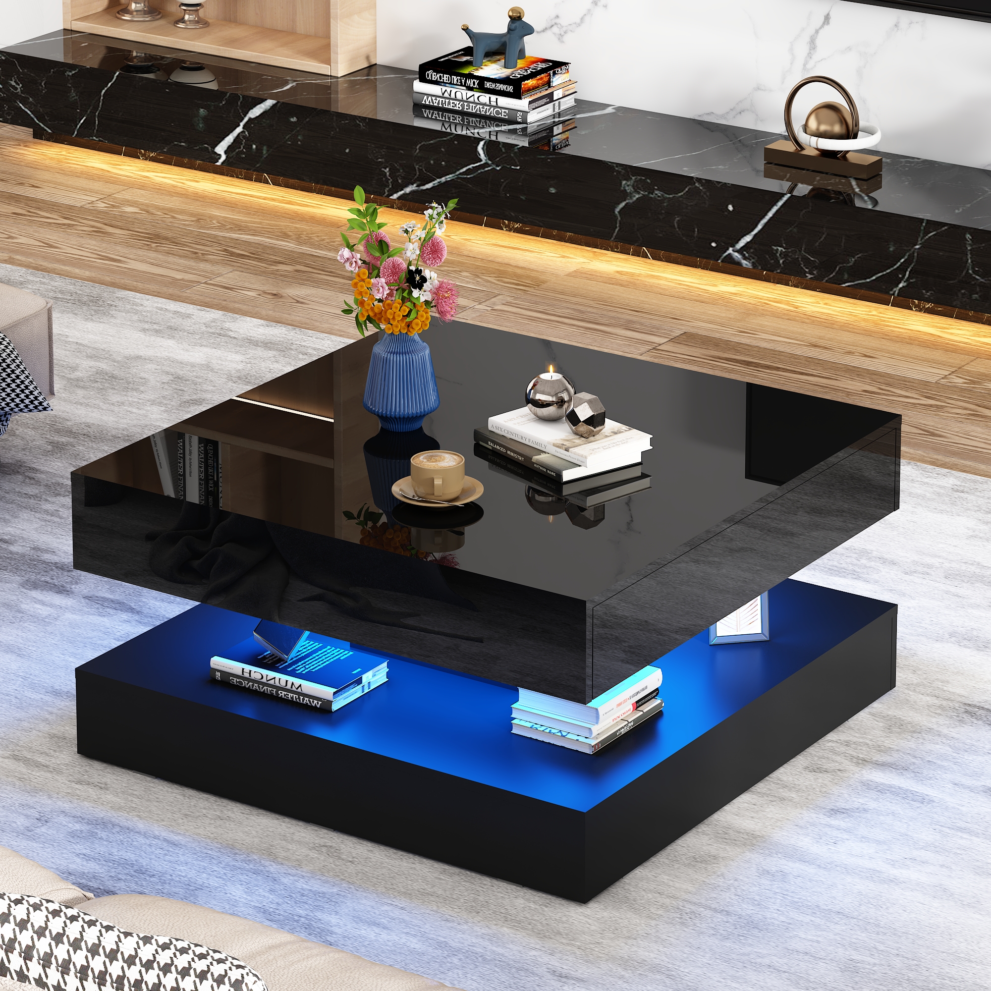 ChVans 34" LED Square Coffee Table with 2 Drawers, 2-Tier Black High Glossy Coffee Table with Led lights & Storage Drawer, Modern Living Room Tables
