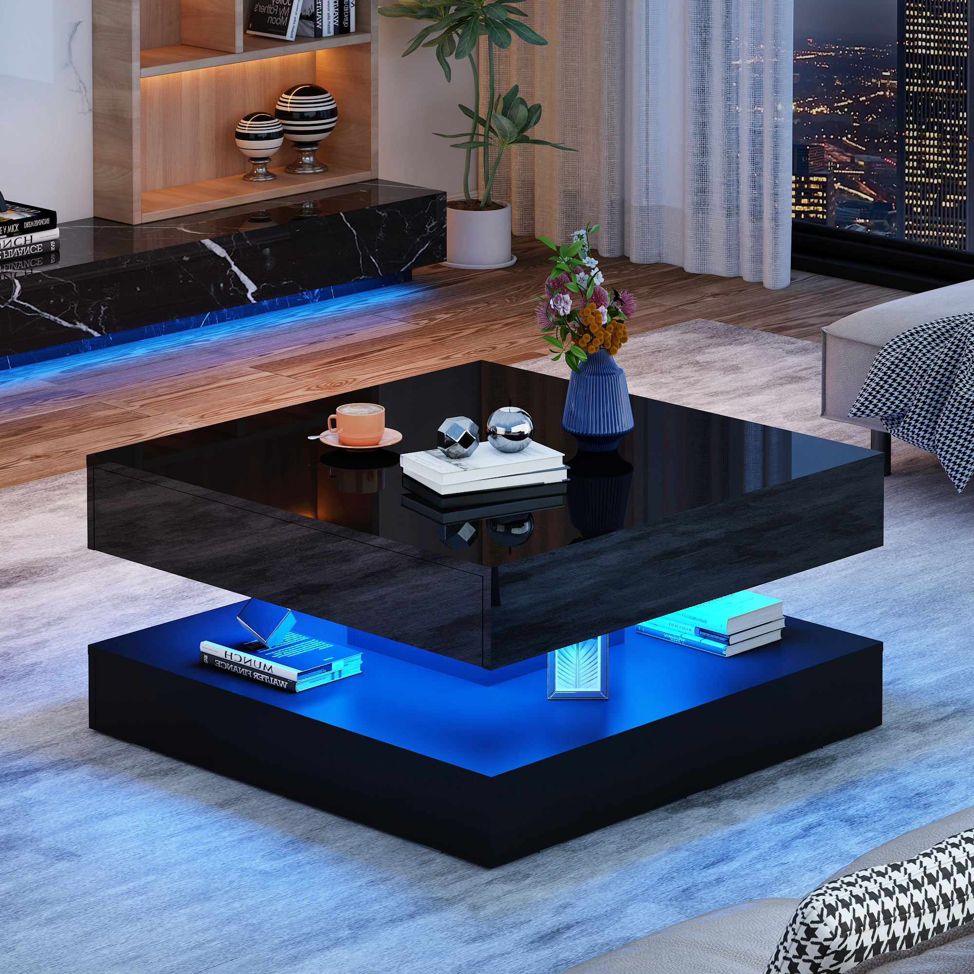 ChVans 34" LED Square Coffee Table with 2 Drawers, 2-Tier Black High Glossy Coffee Table with Led lights & Storage Drawer, Modern Living Room Tables