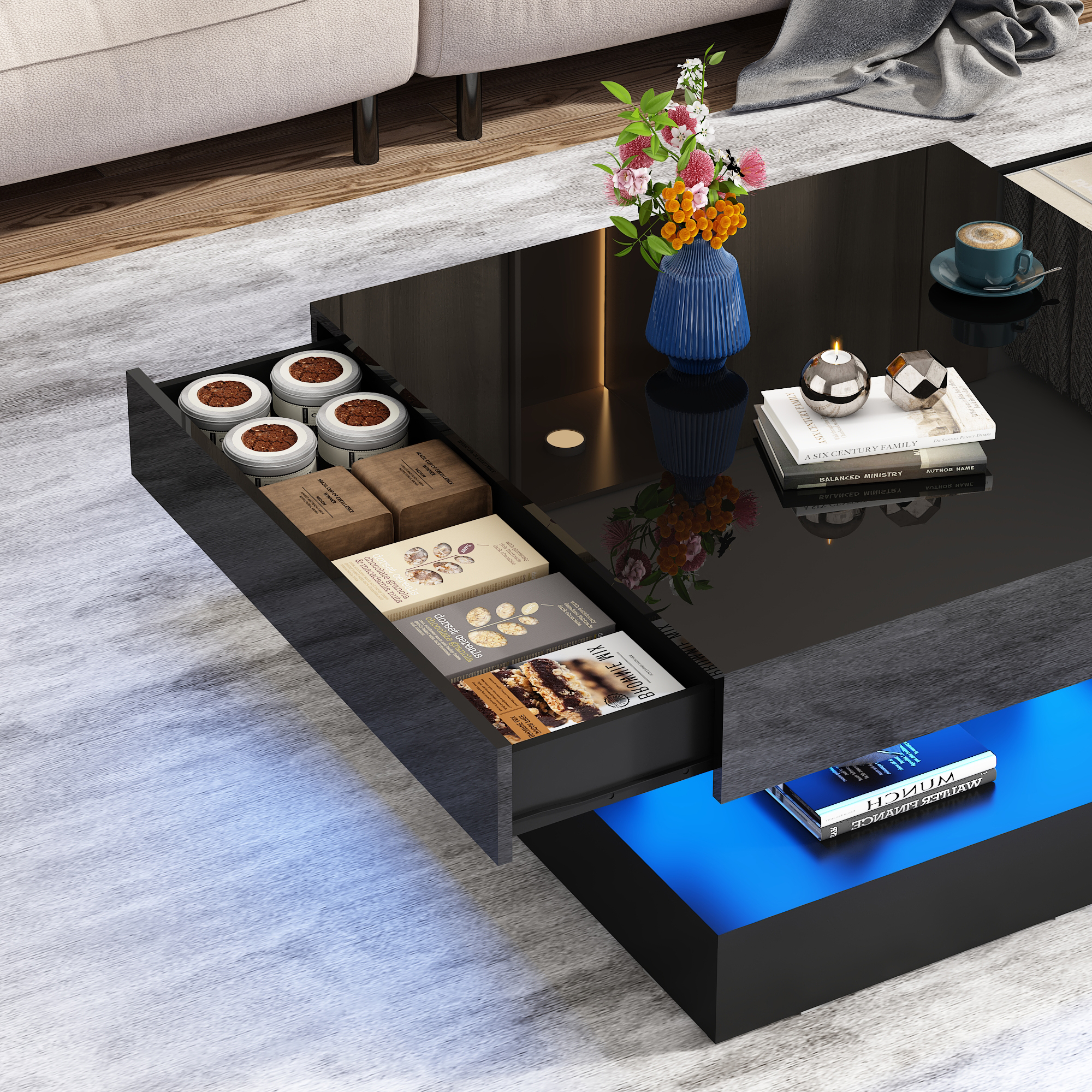 ChVans 34" LED Square Coffee Table with 2 Drawers, 2-Tier Black High Glossy Coffee Table with Led lights & Storage Drawer, Modern Living Room Tables