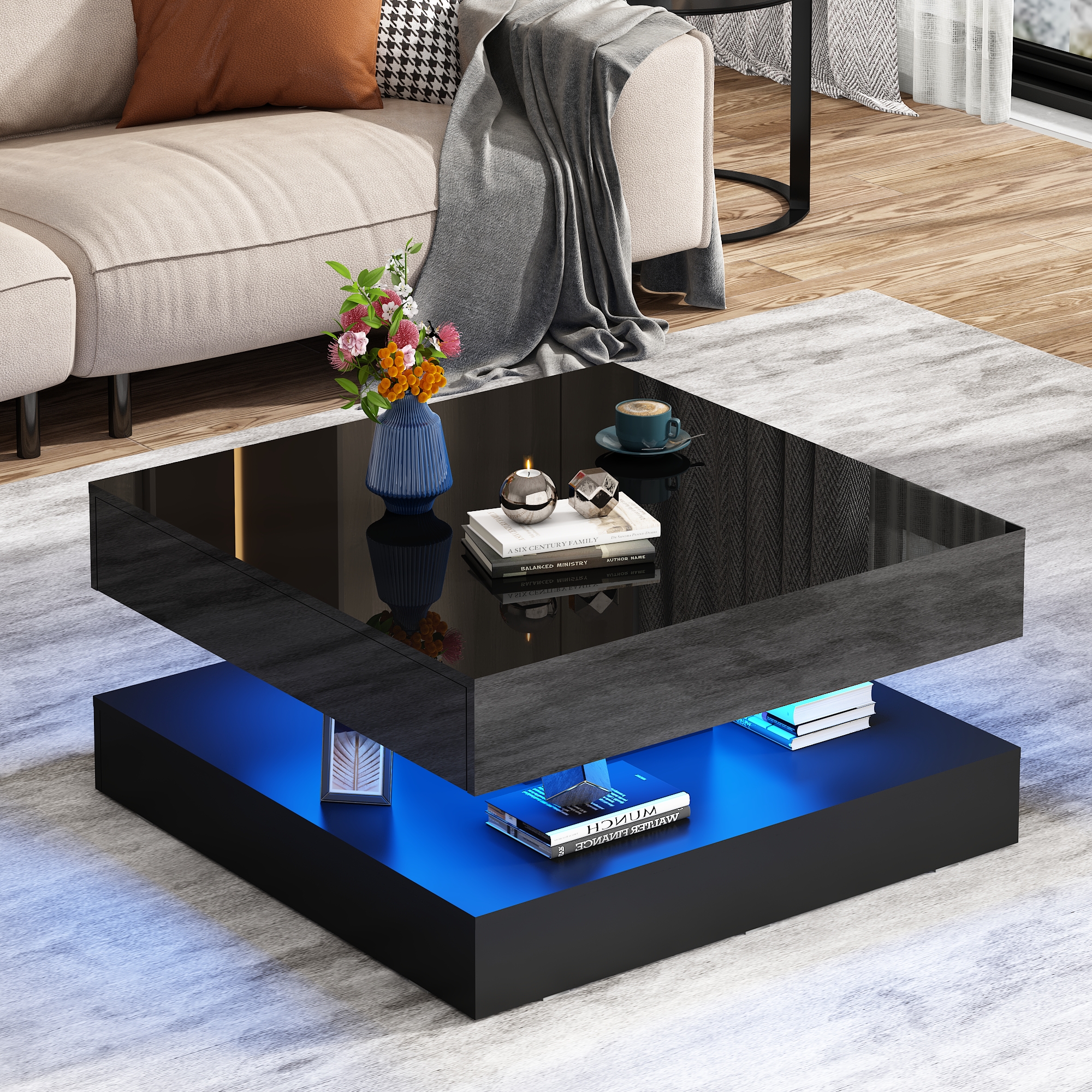 ChVans 34" LED Square Coffee Table with 2 Drawers, 2-Tier Black High Glossy Coffee Table with Led lights & Storage Drawer, Modern Living Room Tables