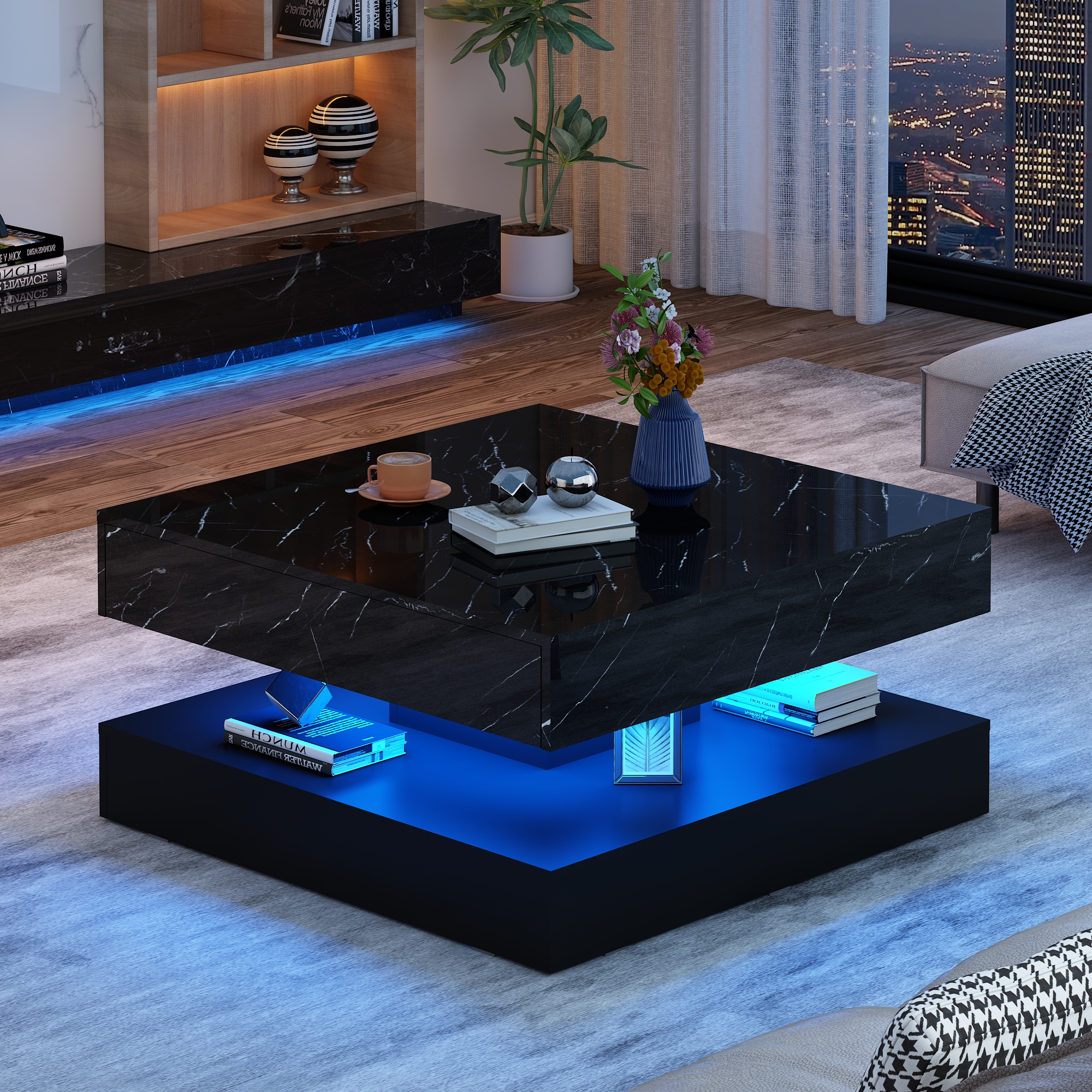 ChVans 34" LED Square Coffee Table with 2 Drawers, 2-Tier Black High Glossy Coffee Table with Led lights & Storage Drawer, Modern Living Room Tables