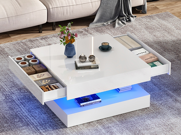 34" LED Square Coffee Table with 2 Drawers, 2-Tier Black High Glossy Coffee Table with Led lights & Storage Drawer, Modern Living Room Tables