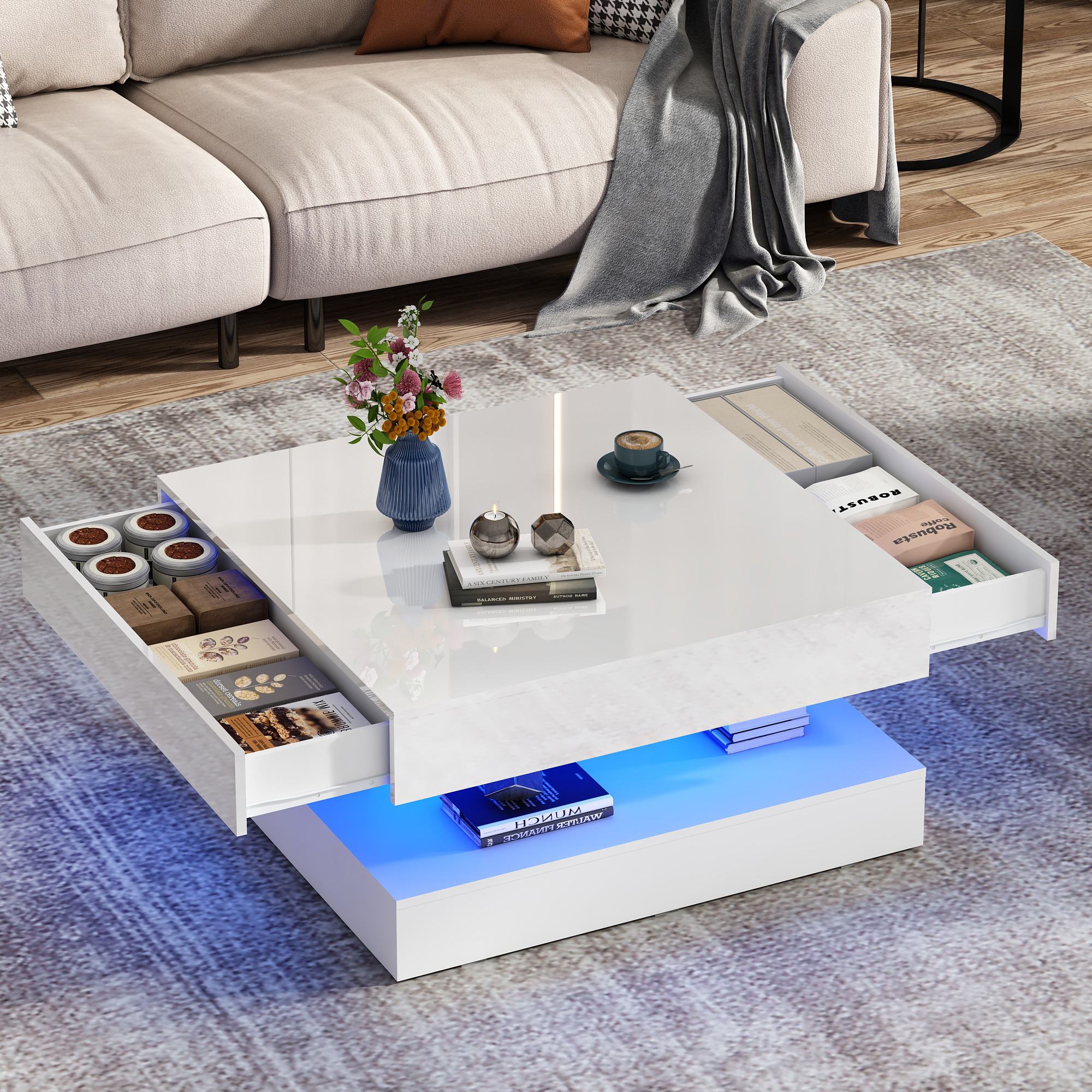 ChVans 34" LED Square Coffee Table with 2 Drawers, 2-Tier Black High Glossy Coffee Table with Led lights & Storage Drawer, Modern Living Room Tables