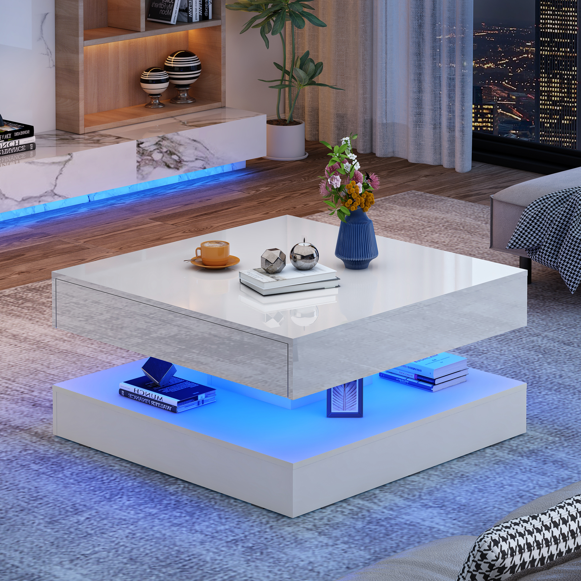 ChVans 34" LED Square Coffee Table with 2 Drawers, 2-Tier Black High Glossy Coffee Table with Led lights & Storage Drawer, Modern Living Room Tables