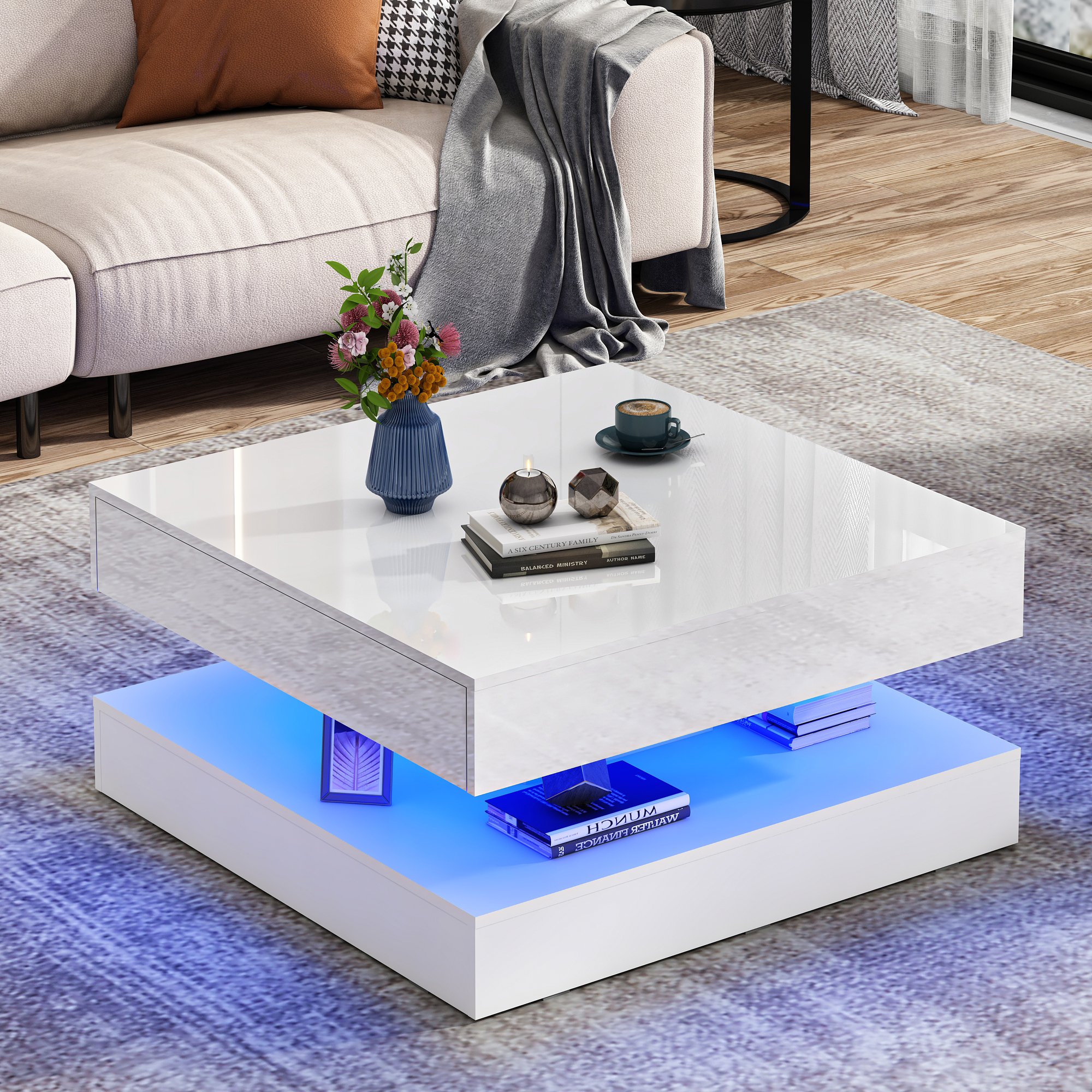 ChVans 34" LED Square Coffee Table with 2 Drawers, 2-Tier Black High Glossy Coffee Table with Led lights & Storage Drawer, Modern Living Room Tables