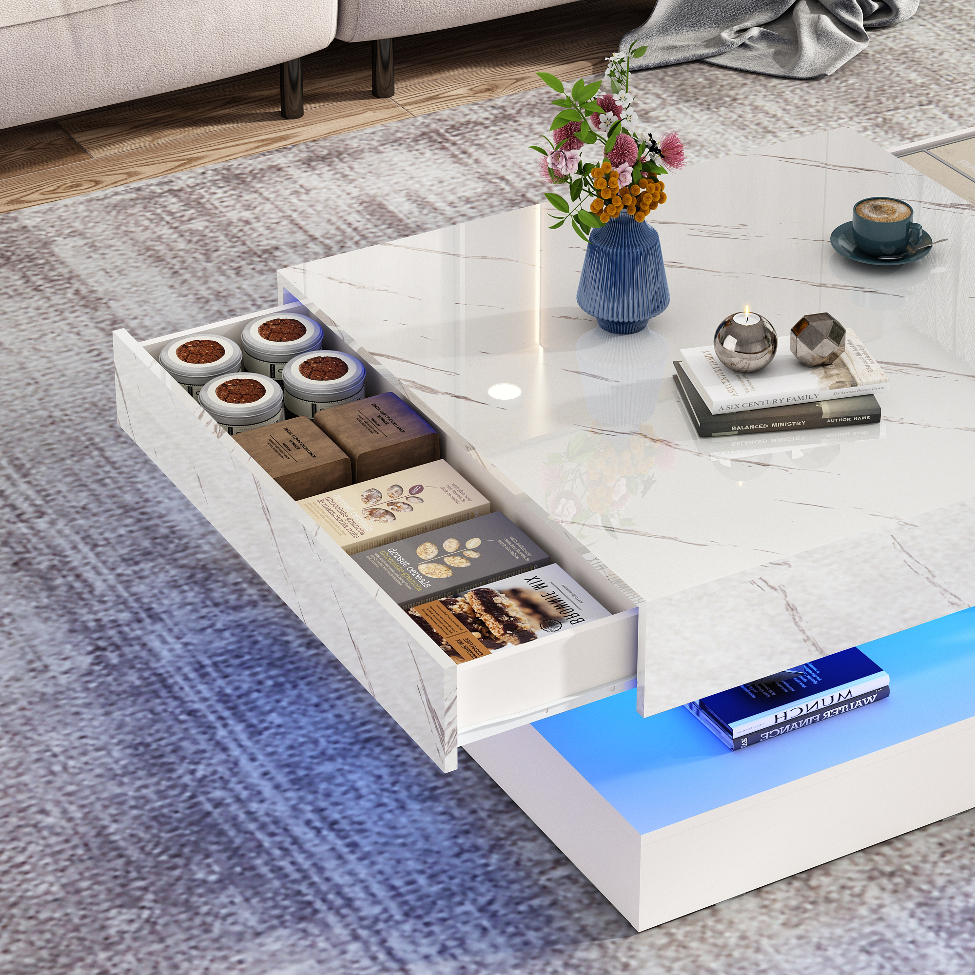 ChVans 34" LED Square Coffee Table with 2 Drawers, 2-Tier Black High Glossy Coffee Table with Led lights & Storage Drawer, Modern Living Room Tables