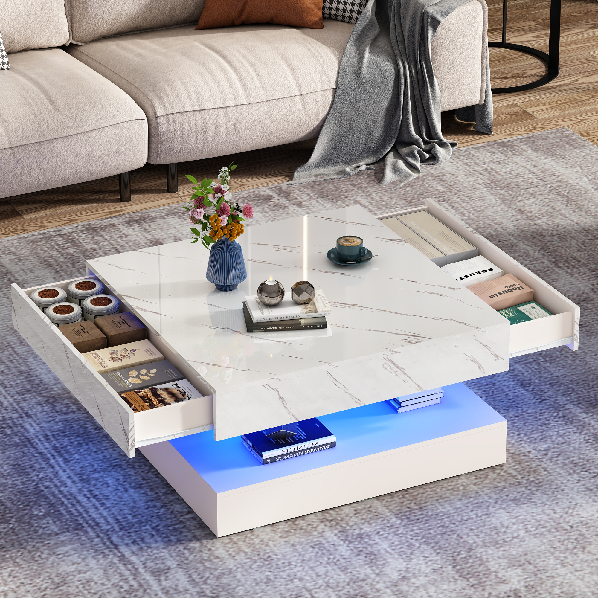 ChVans 34" LED Square Coffee Table with 2 Drawers, 2-Tier Black High Glossy Coffee Table with Led lights & Storage Drawer, Modern Living Room Tables