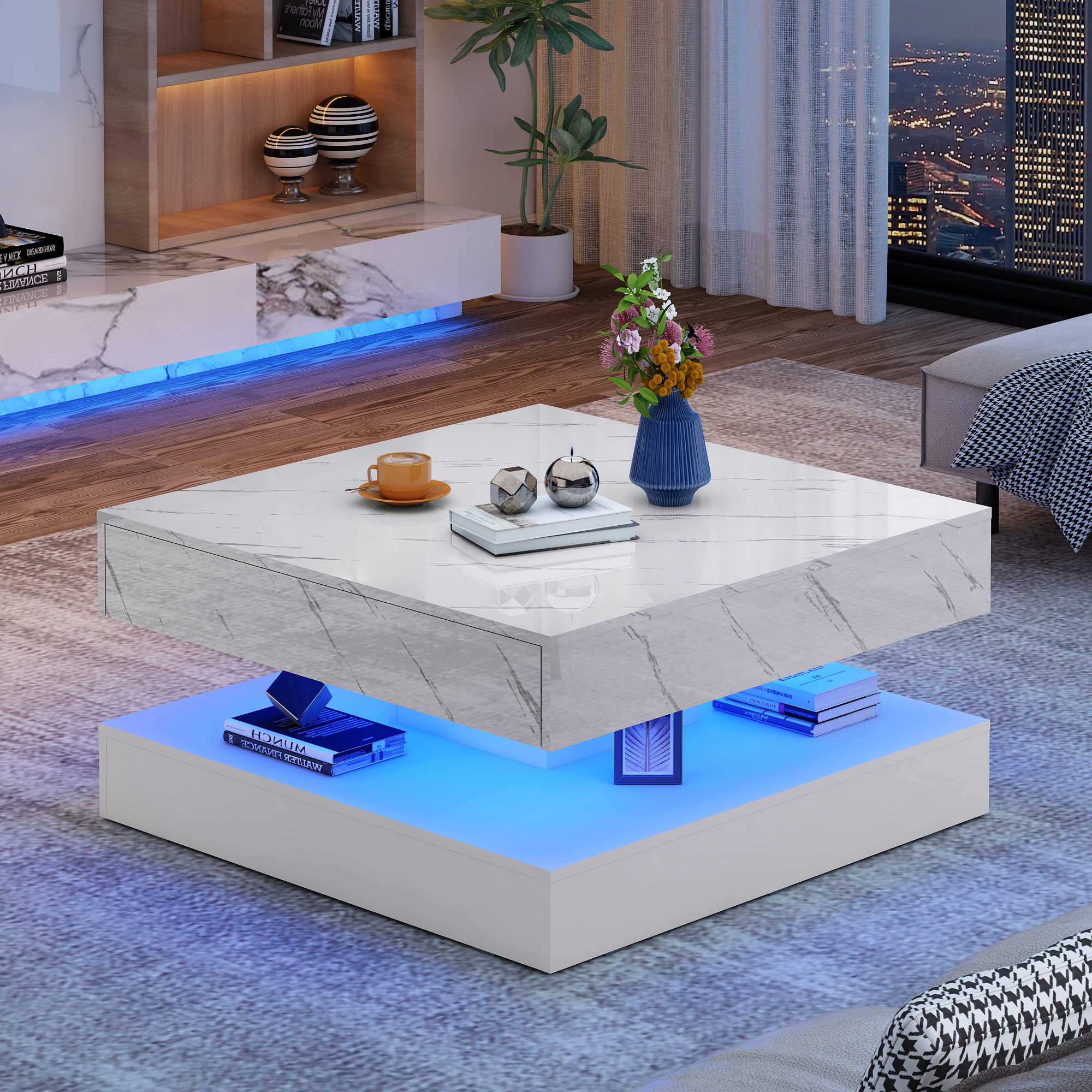 ChVans 34" LED Square Coffee Table with 2 Drawers, 2-Tier Black High Glossy Coffee Table with Led lights & Storage Drawer, Modern Living Room Tables