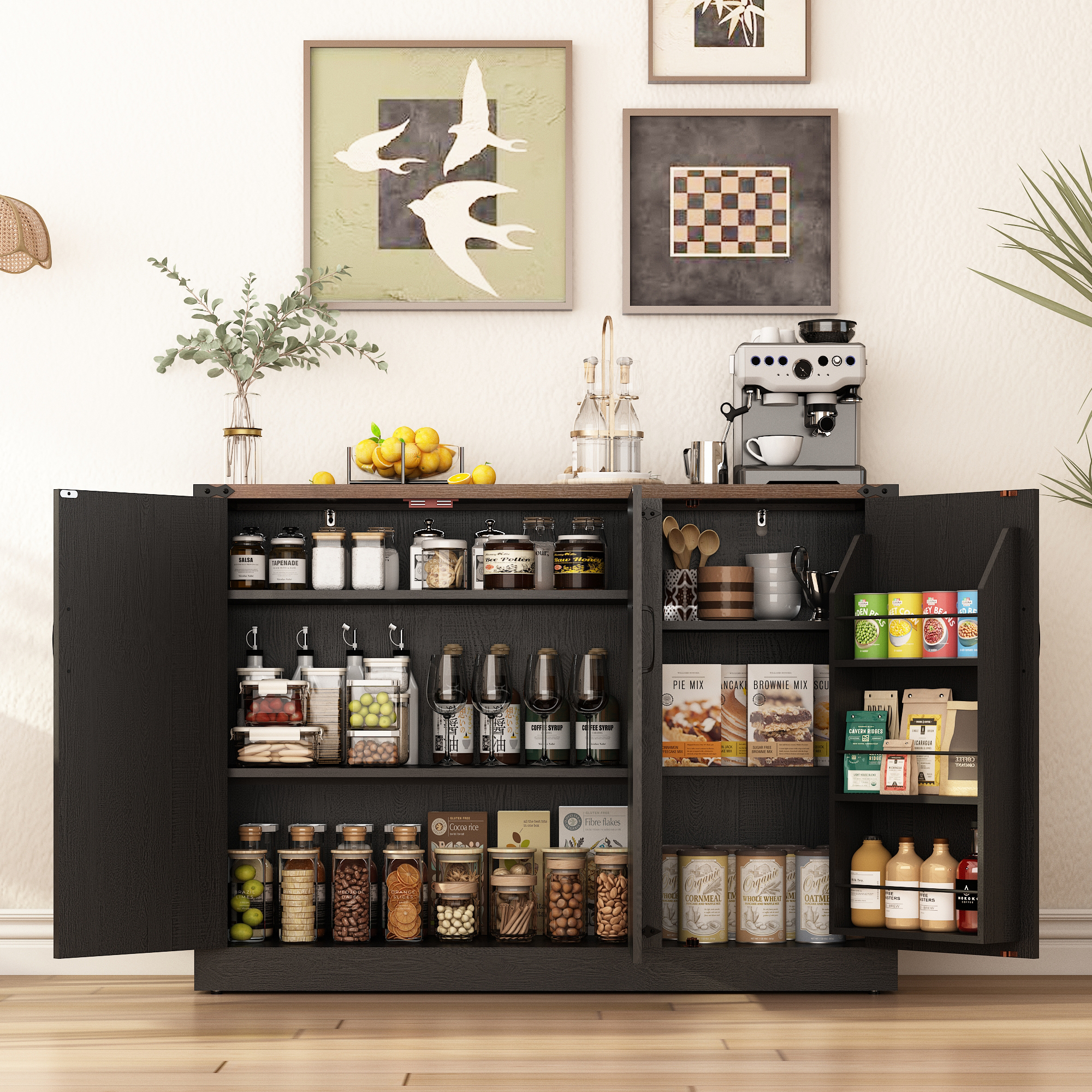 ChVans 47.2" Farmhouse Kitchen Buffet Sideboard Cabinet with 3 Side Shelves, 34"H Kitchen Pantry Cabinet with 3 Barn Doors/4 Adjustable Shelves for Kitchen, Dining Room, Living Room, Brown