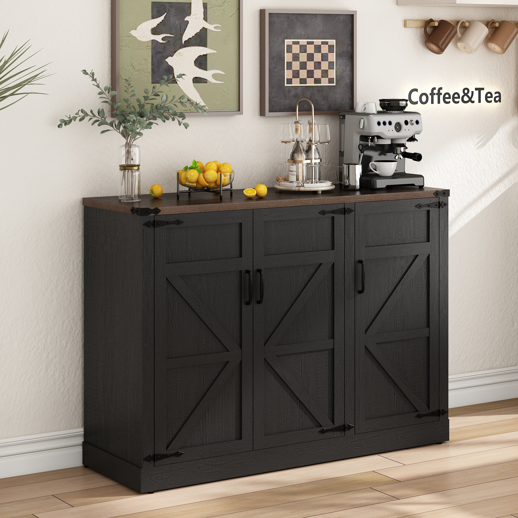 ChVans 47.2" Farmhouse Kitchen Buffet Sideboard Cabinet with 3 Side Shelves, 34"H Kitchen Pantry Cabinet with 3 Barn Doors/4 Adjustable Shelves for Kitchen, Dining Room, Living Room, Brown