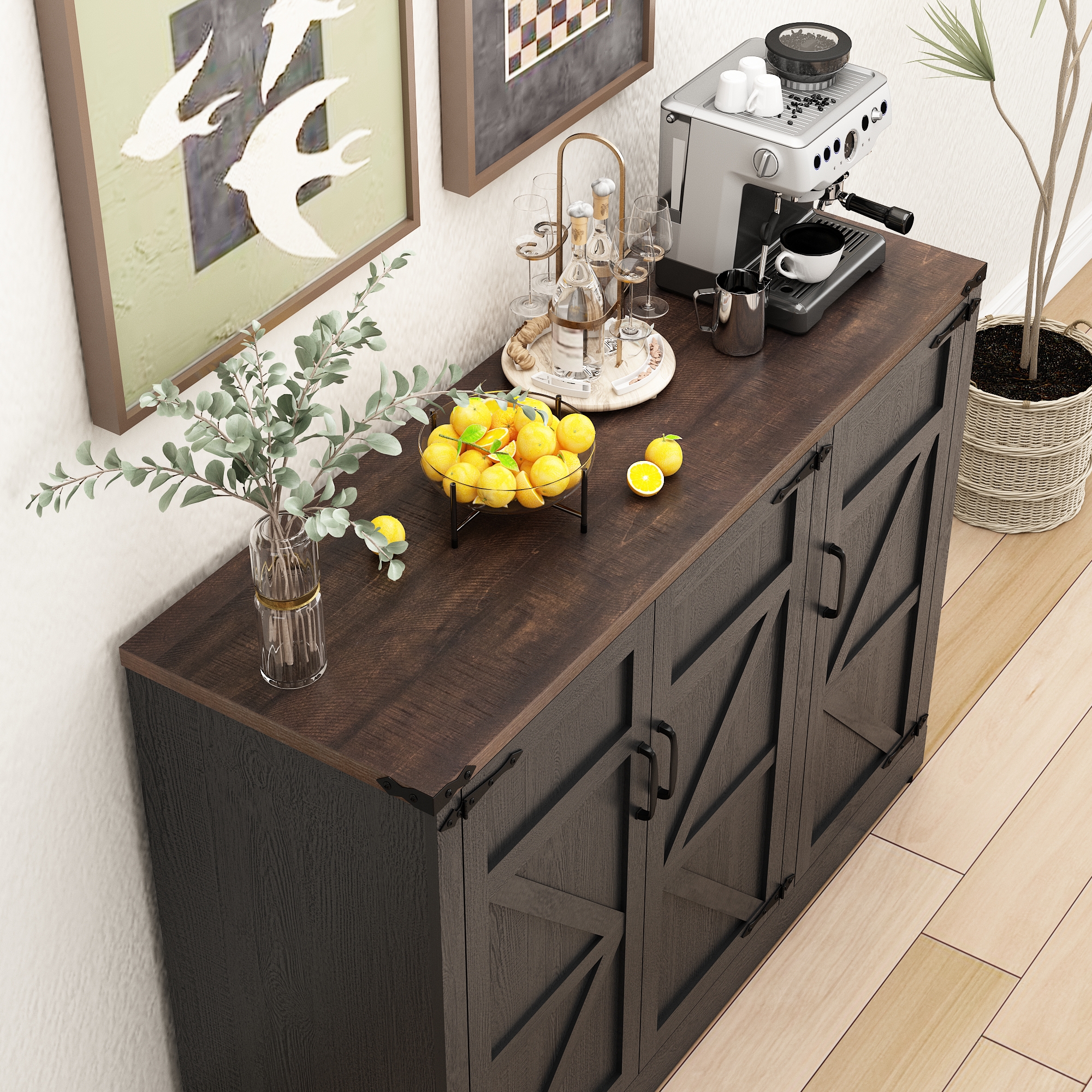 ChVans 47.2" Farmhouse Kitchen Buffet Sideboard Cabinet with 3 Side Shelves, 34"H Kitchen Pantry Cabinet with 3 Barn Doors/4 Adjustable Shelves for Kitchen, Dining Room, Living Room, Brown