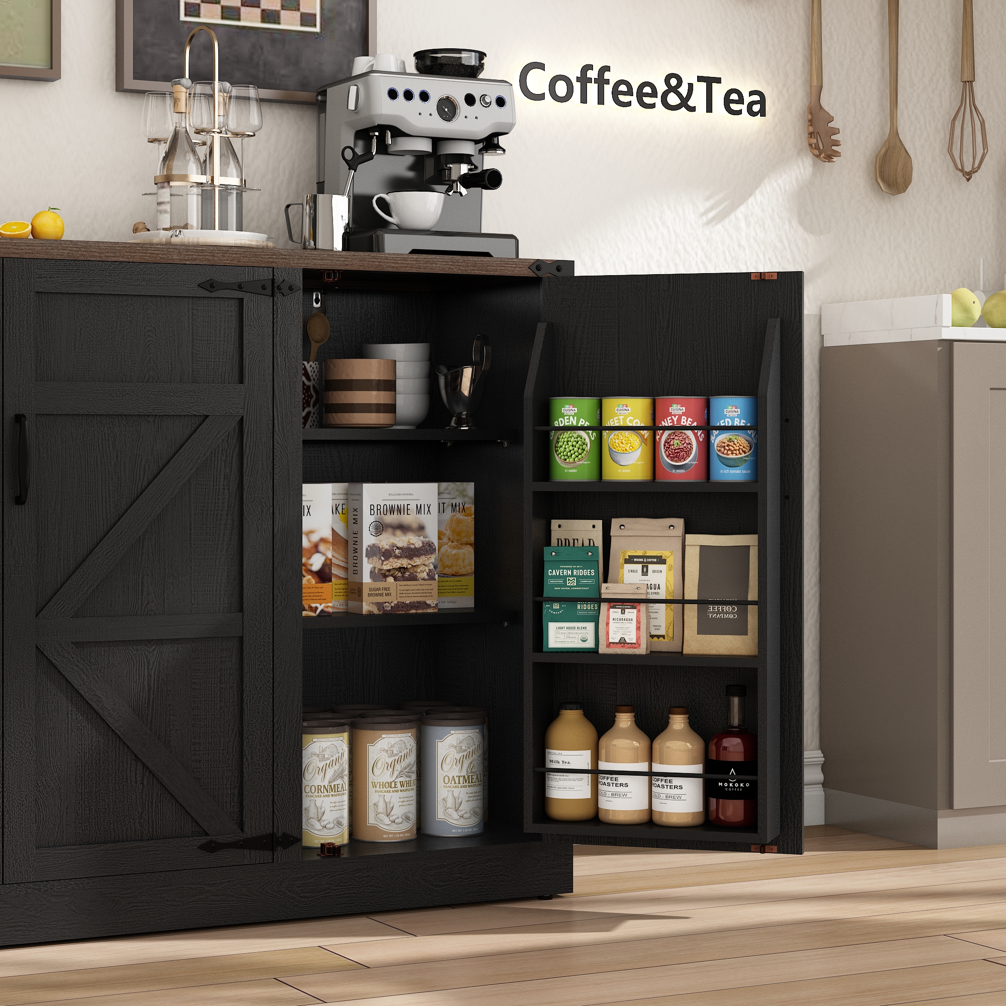 ChVans 47.2" Farmhouse Kitchen Buffet Sideboard Cabinet with 3 Side Shelves, 34"H Kitchen Pantry Cabinet with 3 Barn Doors/4 Adjustable Shelves for Kitchen, Dining Room, Living Room, Brown