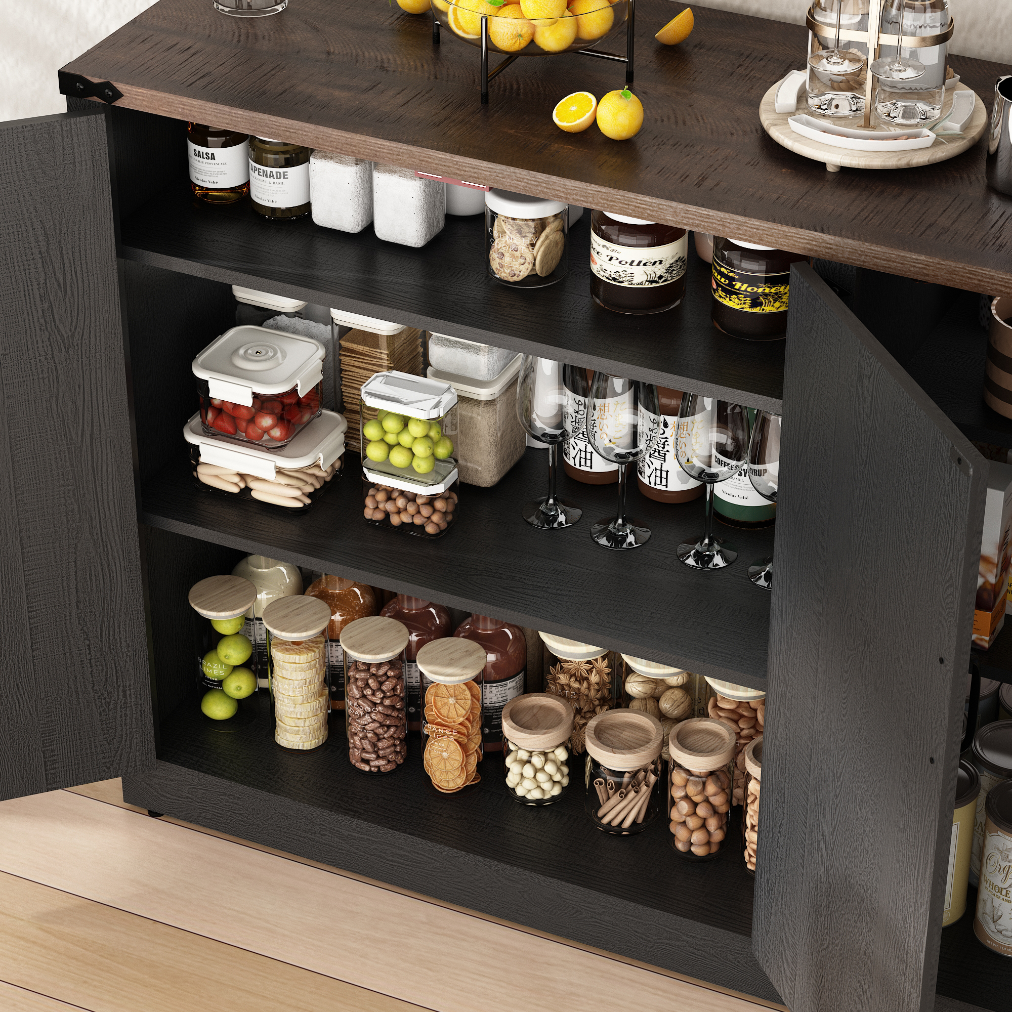 ChVans 47.2" Farmhouse Kitchen Buffet Sideboard Cabinet with 3 Side Shelves, 34"H Kitchen Pantry Cabinet with 3 Barn Doors/4 Adjustable Shelves for Kitchen, Dining Room, Living Room, Brown