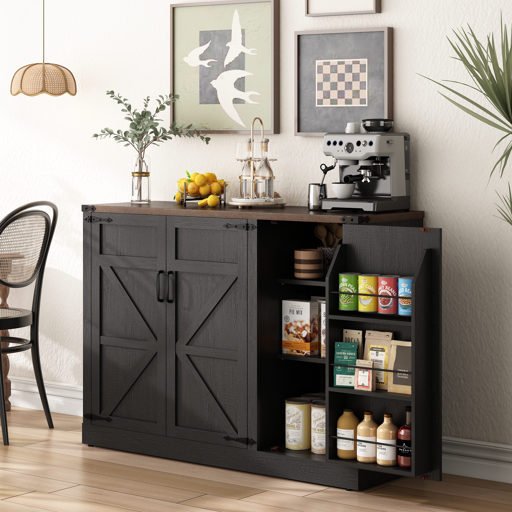 ChVans 47.2" Farmhouse Kitchen Buffet Sideboard Cabinet with 3 Side Shelves, 34"H Kitchen Pantry Cabinet with 3 Barn Doors/4 Adjustable Shelves for Kitchen, Dining Room, Living Room, Brown