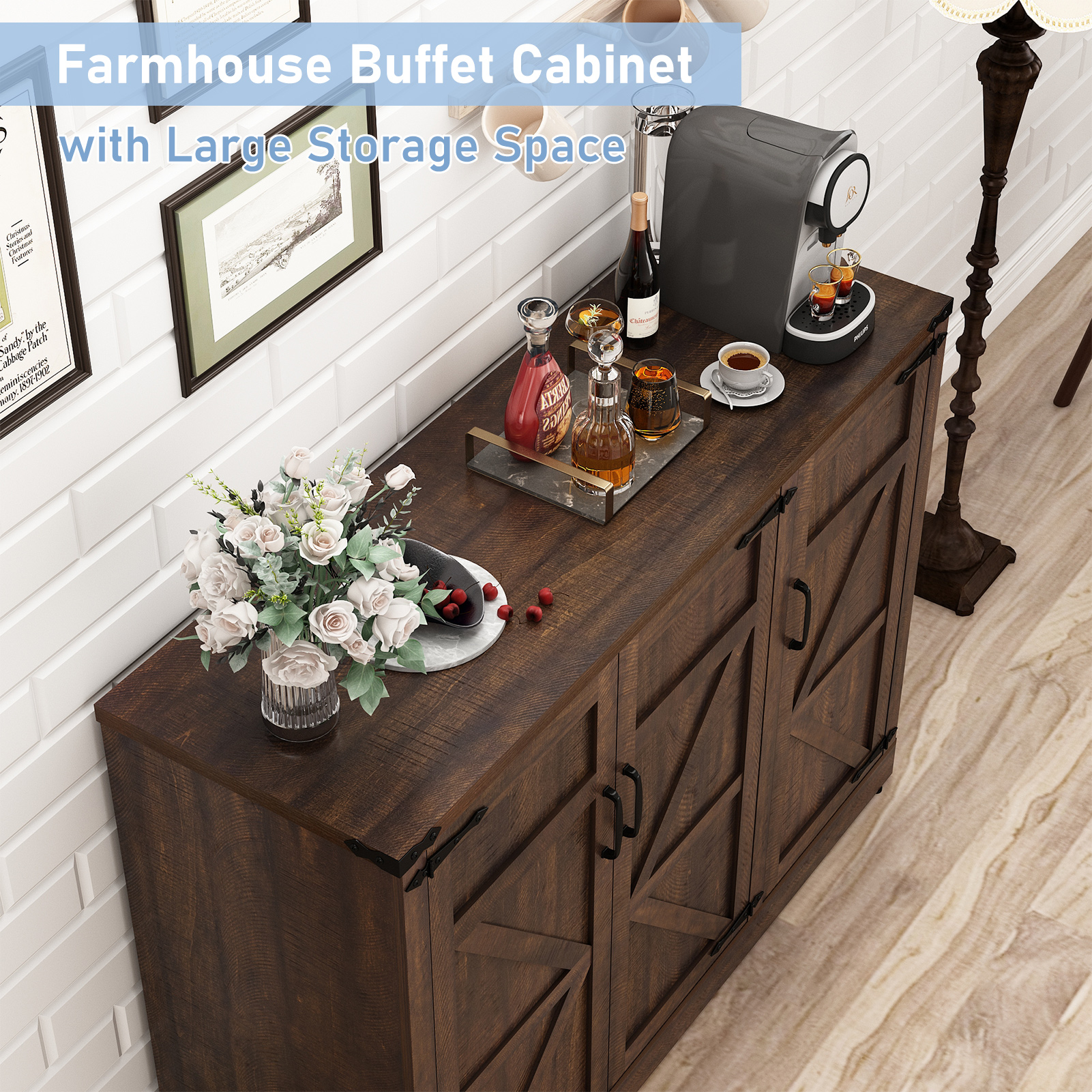 ChVans 47.2" Farmhouse Kitchen Buffet Sideboard Cabinet with 3 Side Shelves, 34"H Kitchen Pantry Cabinet with 3 Barn Doors/4 Adjustable Shelves for Kitchen, Dining Room, Living Room, Brown