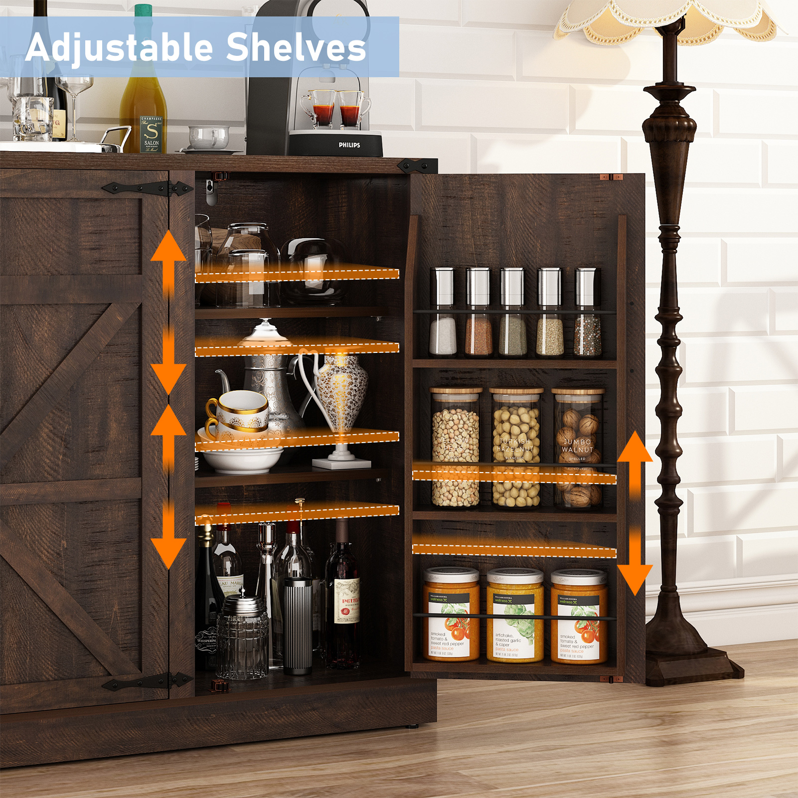 ChVans 47.2" Farmhouse Kitchen Buffet Sideboard Cabinet with 3 Side Shelves, 34"H Kitchen Pantry Cabinet with 3 Barn Doors/4 Adjustable Shelves for Kitchen, Dining Room, Living Room, Brown